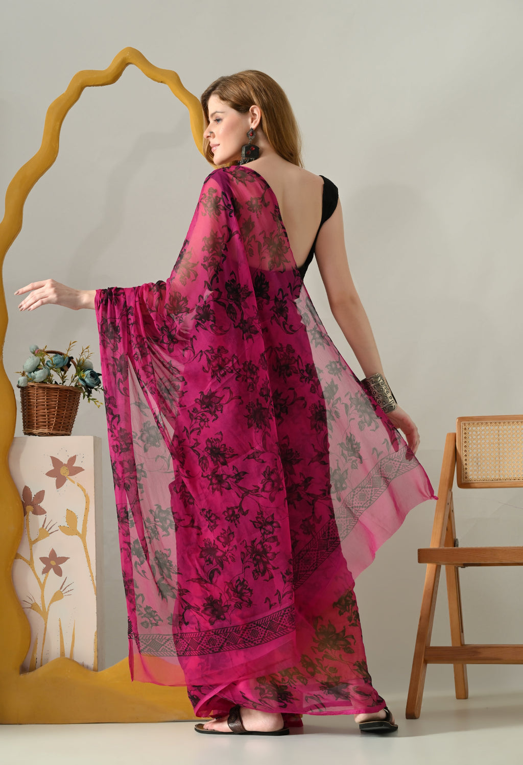 Printed Rani Pink Chiffon Saree