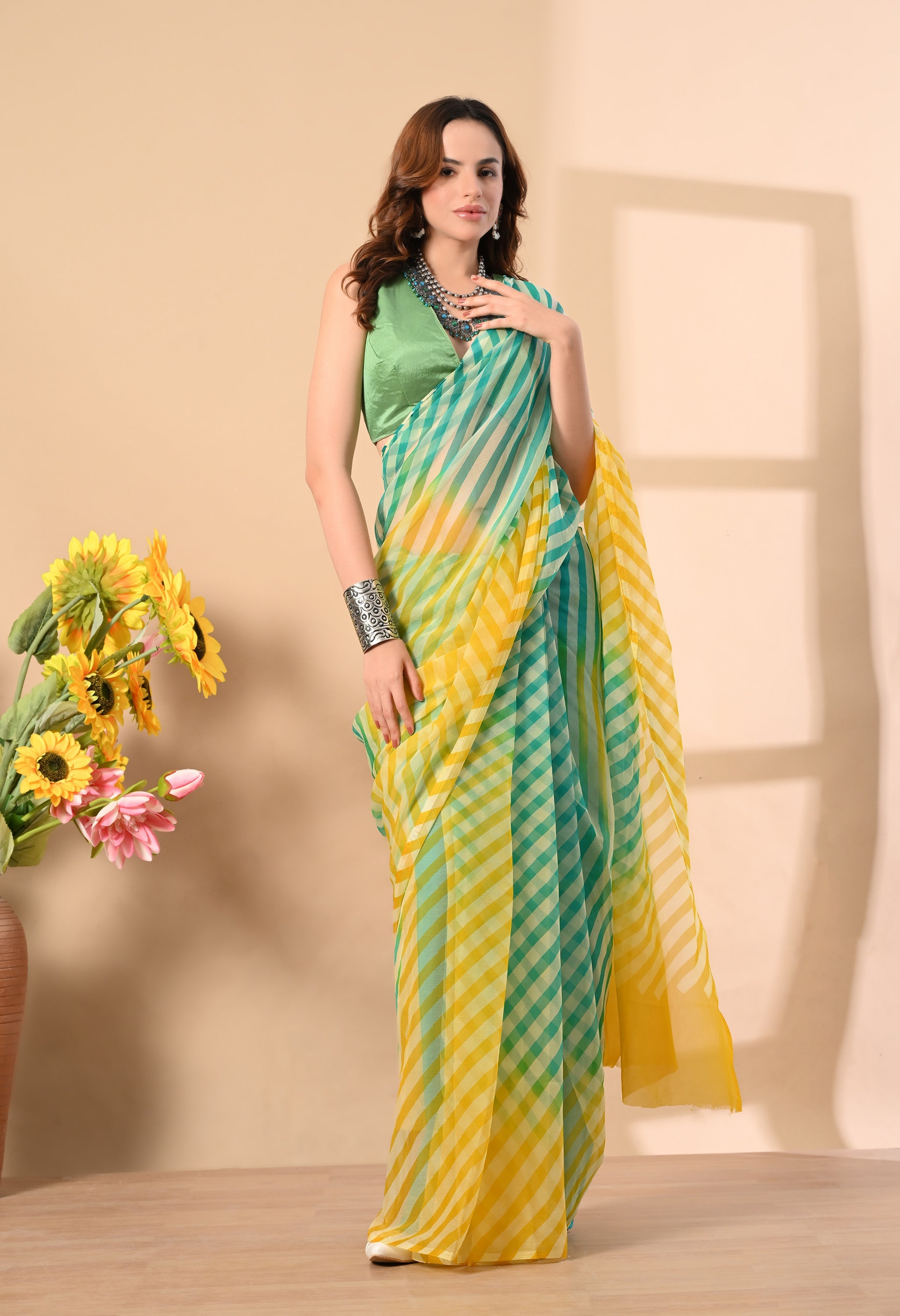 Minty Hue Tie & Dye Leheriya Chiffon Saree