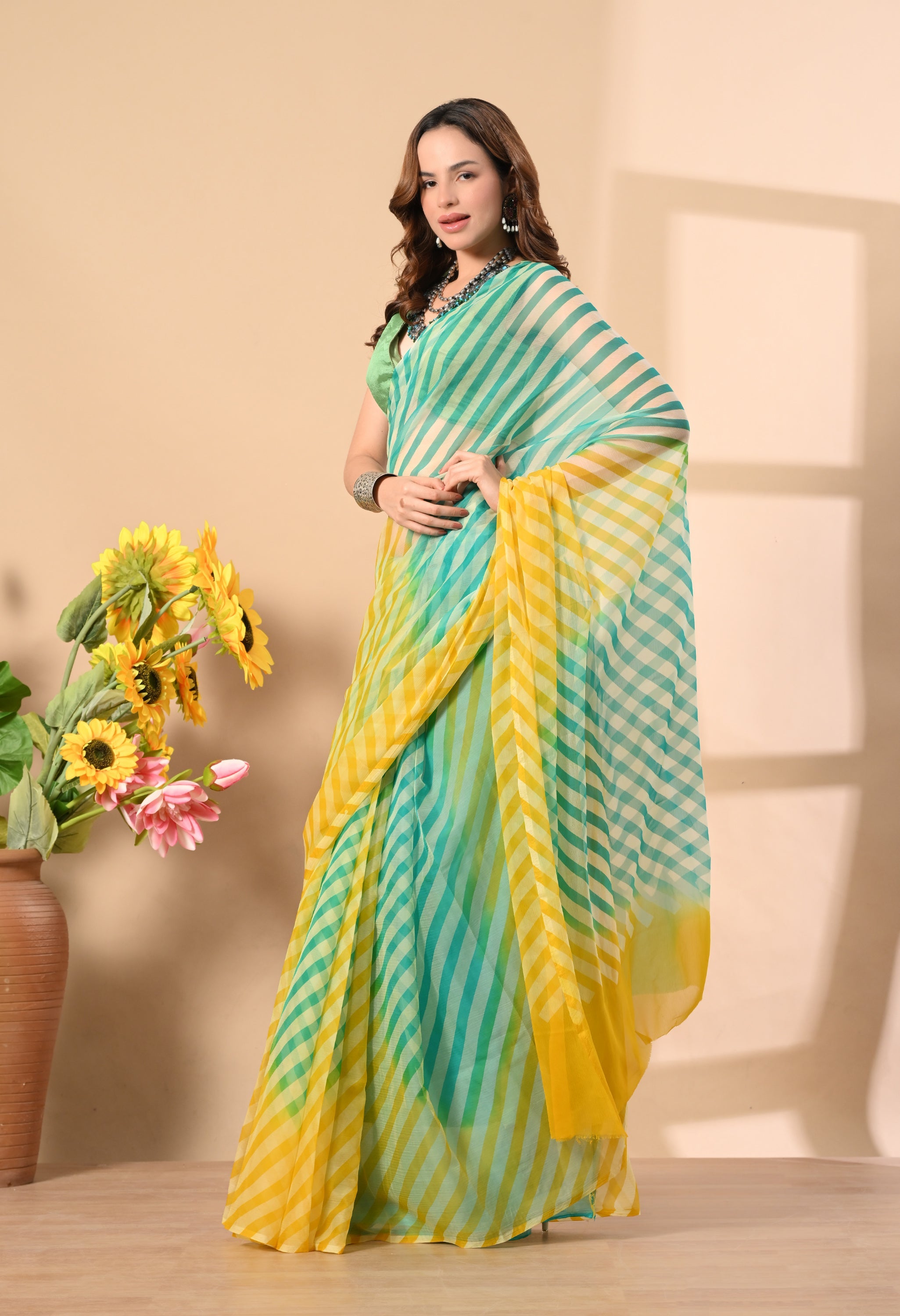 Minty Hue Tie & Dye Leheriya Chiffon Saree