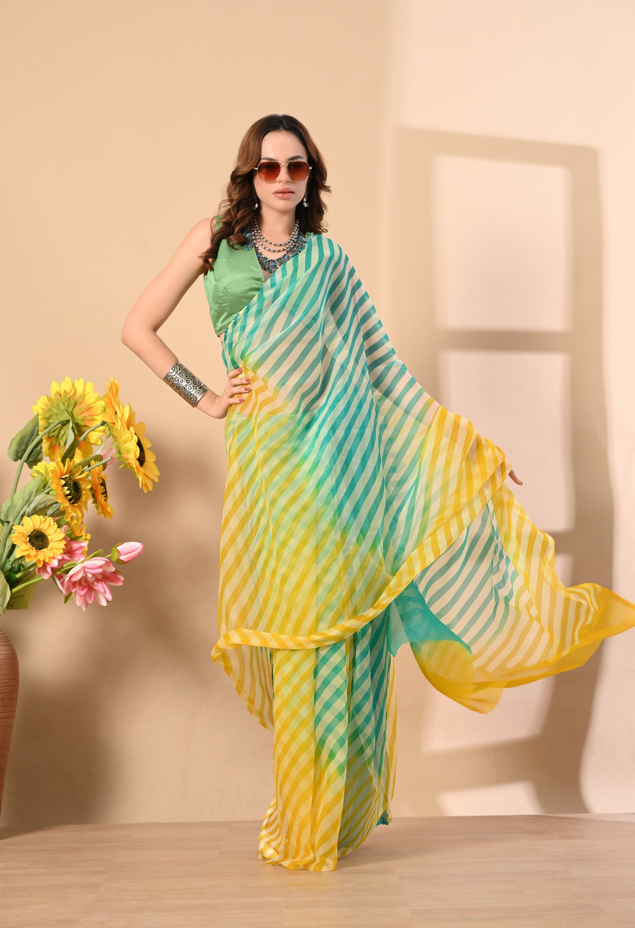 Minty Hue Tie & Dye Leheriya Chiffon Saree