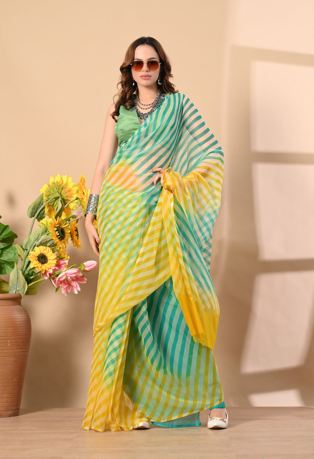 Minty Hue Tie & Dye Leheriya Chiffon Saree