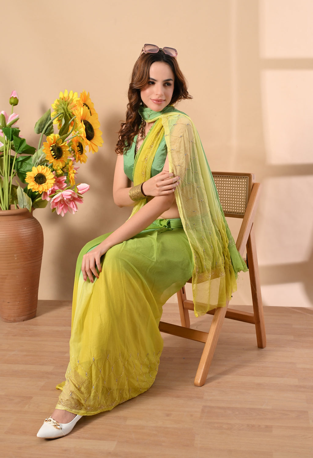 Banana Hue Embellished chiffon leheriya saree, for festive wear, daily wear saree, and farewell saree, a must for trousseau and pre-wedding styling.