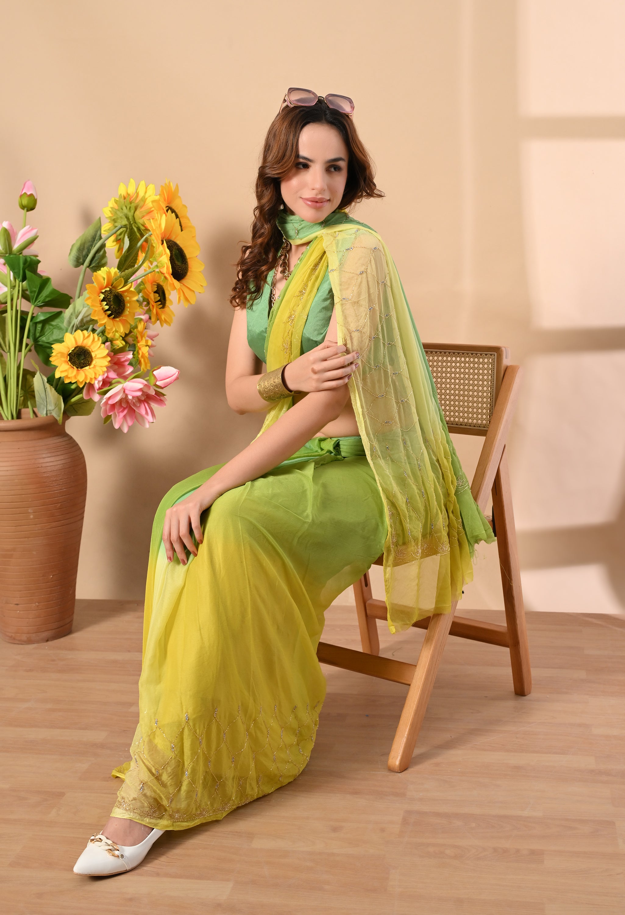 Banana Hue Embellished chiffon leheriya saree, for festive wear, daily wear saree, and farewell saree, a must for trousseau and pre-wedding styling.