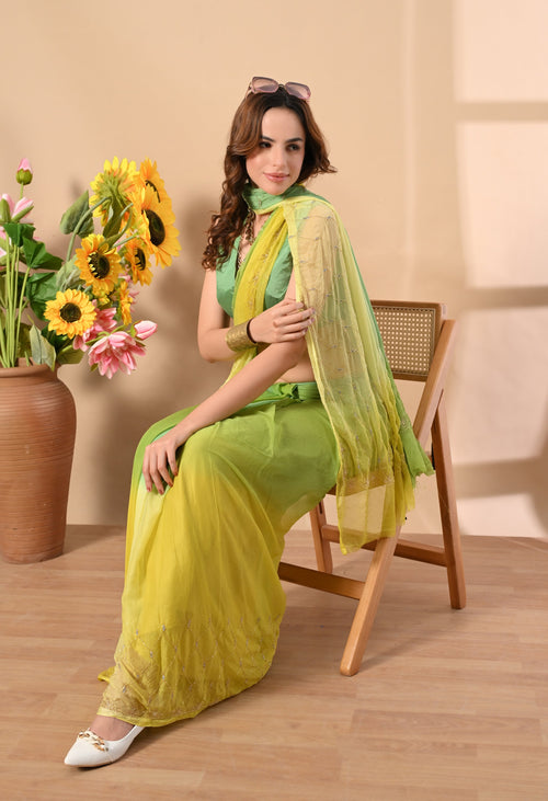 Banana Hue Embellished chiffon leheriya saree, for festive wear, daily wear saree, and farewell saree, a must for trousseau and pre-wedding styling.