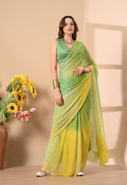 Banana Hue Embellished chiffon leheriya saree, for festive wear, daily wear saree, and farewell saree, a must for trousseau and pre-wedding styling.