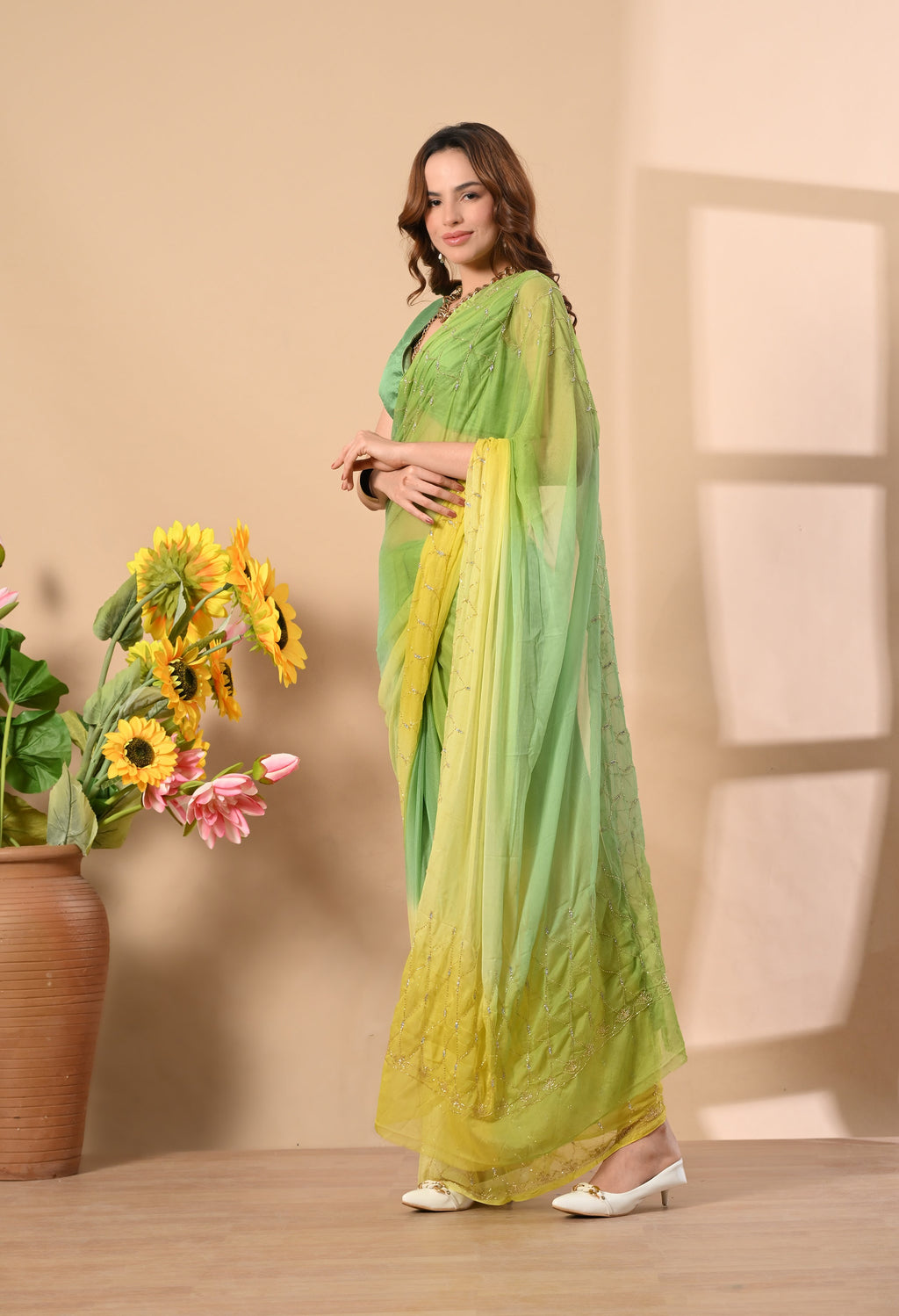 Banana Hue Embellished chiffon leheriya saree, for festive wear, daily wear saree, and farewell saree, a must for trousseau and pre-wedding styling.