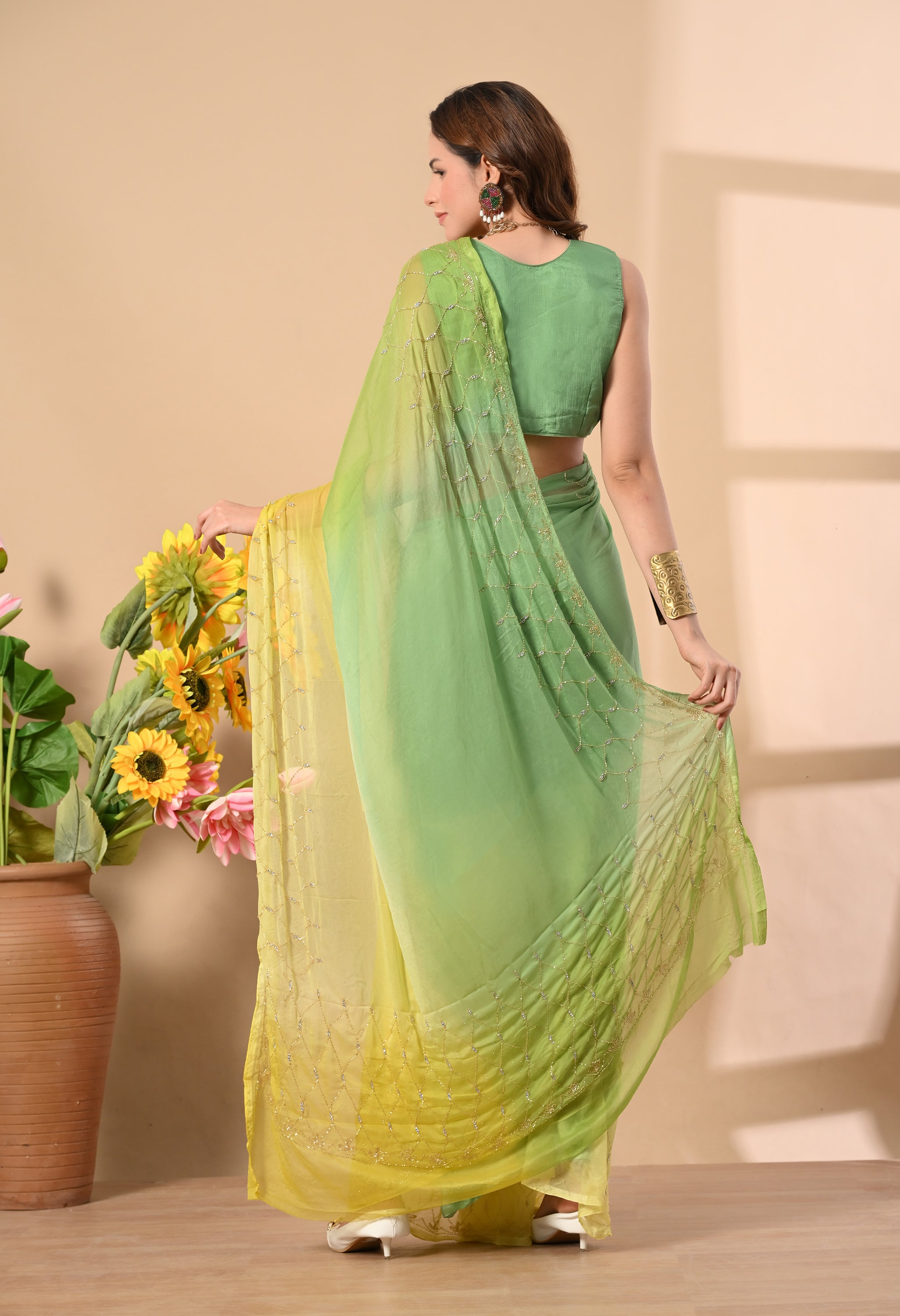 Banana Hue Embellished chiffon leheriya saree, for festive wear, daily wear saree, and farewell saree, a must for trousseau and pre-wedding styling.