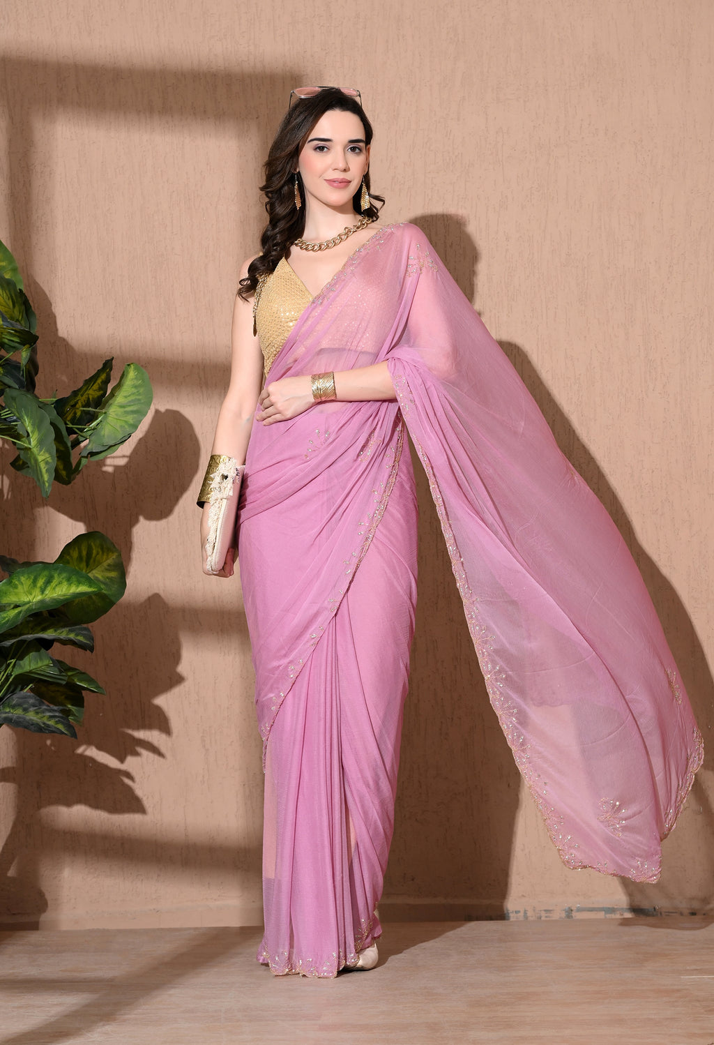 Lilac Embellished border Chiffon Saree