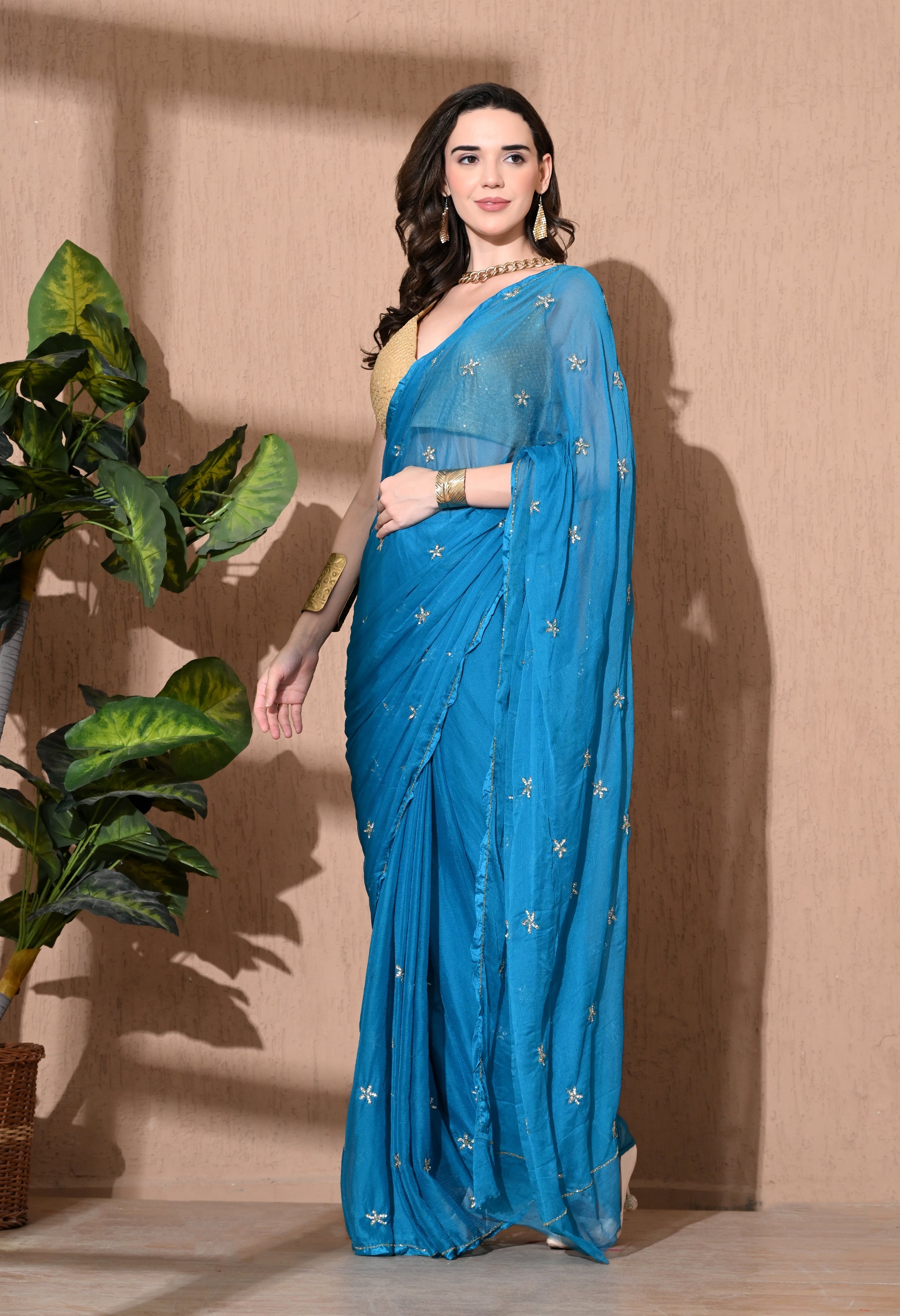 Sitara Teal Embellished Chiffon Saree