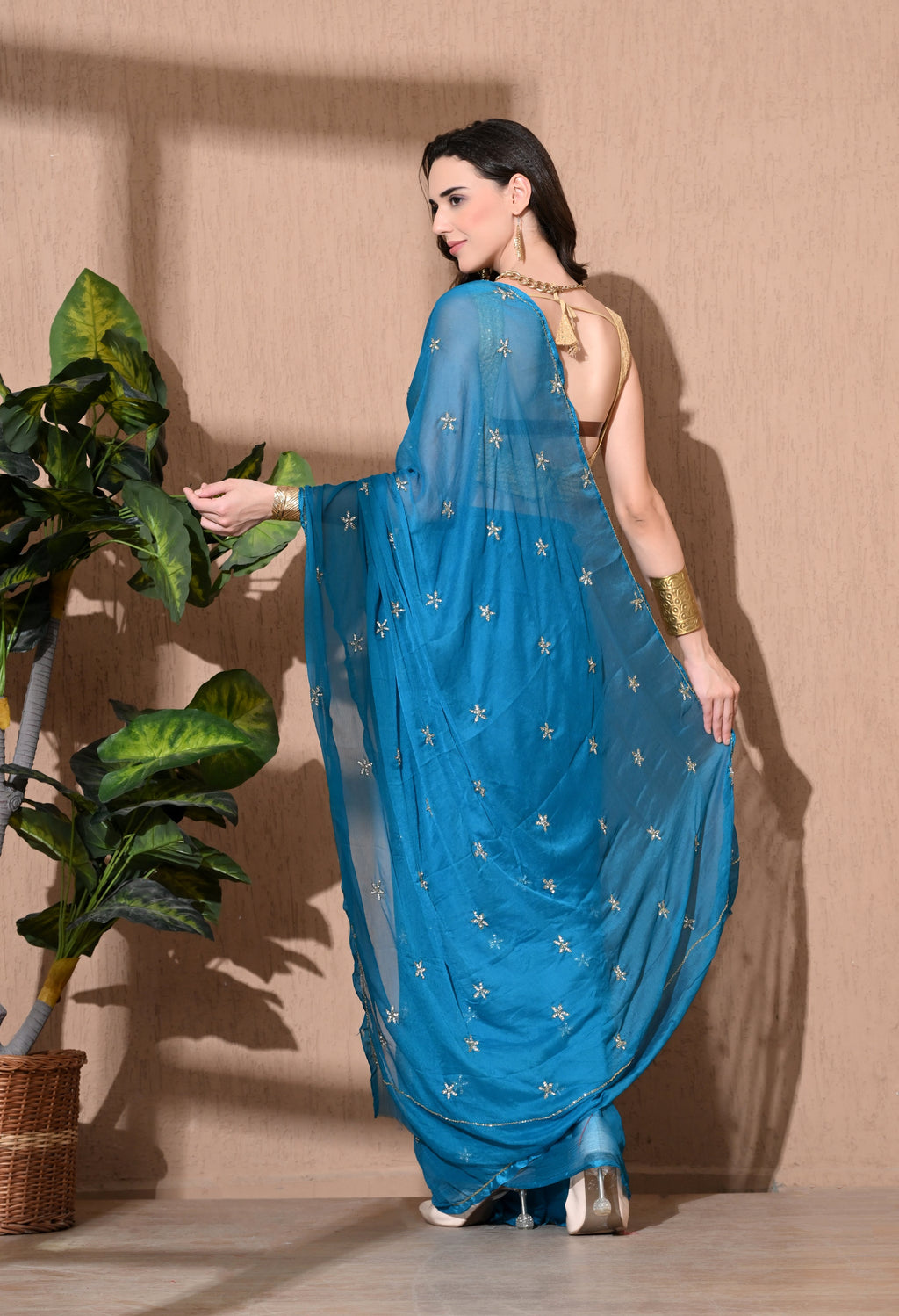 Sitara Teal Embellished Chiffon Saree