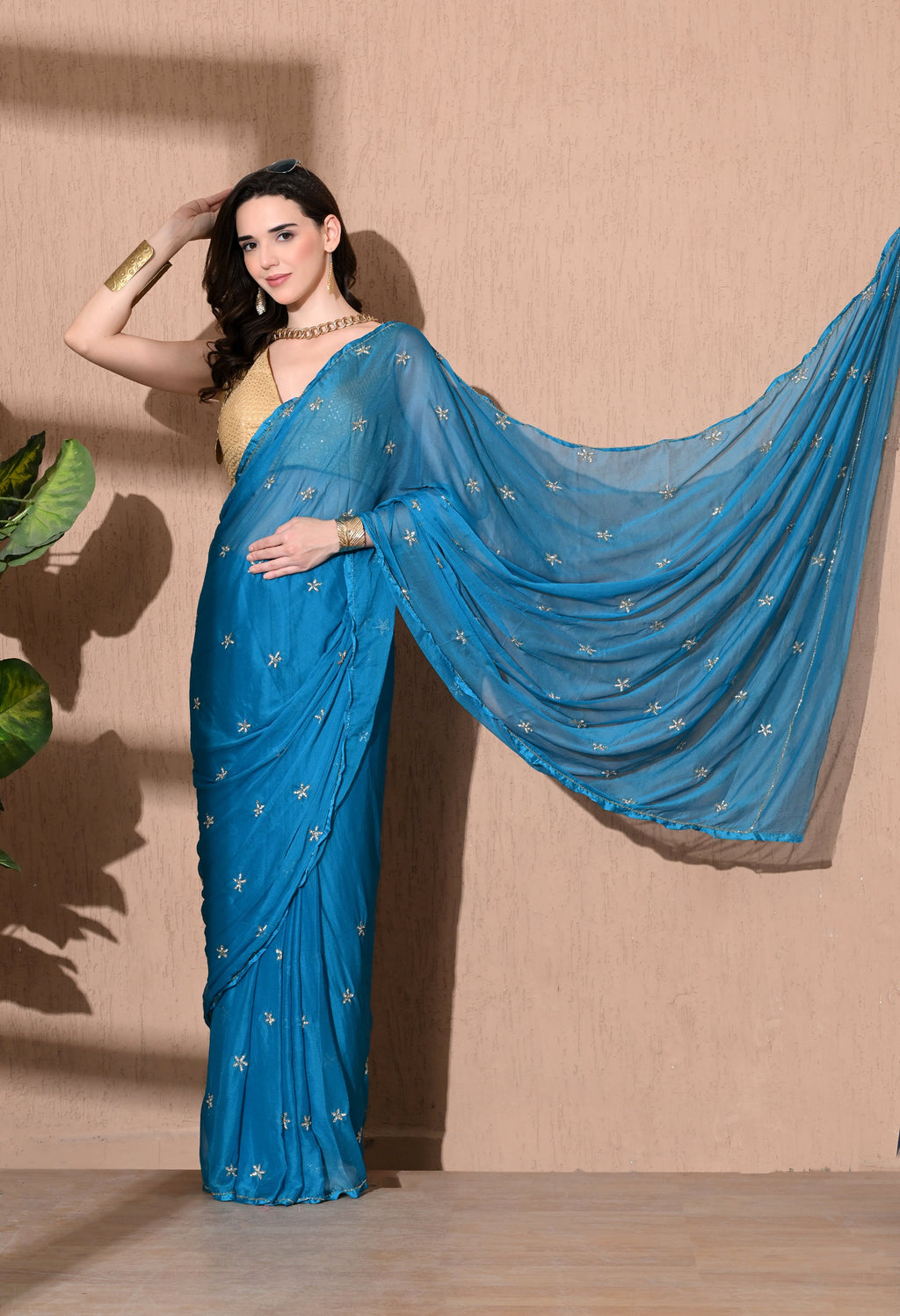 Sitara Teal Embellished Chiffon Saree