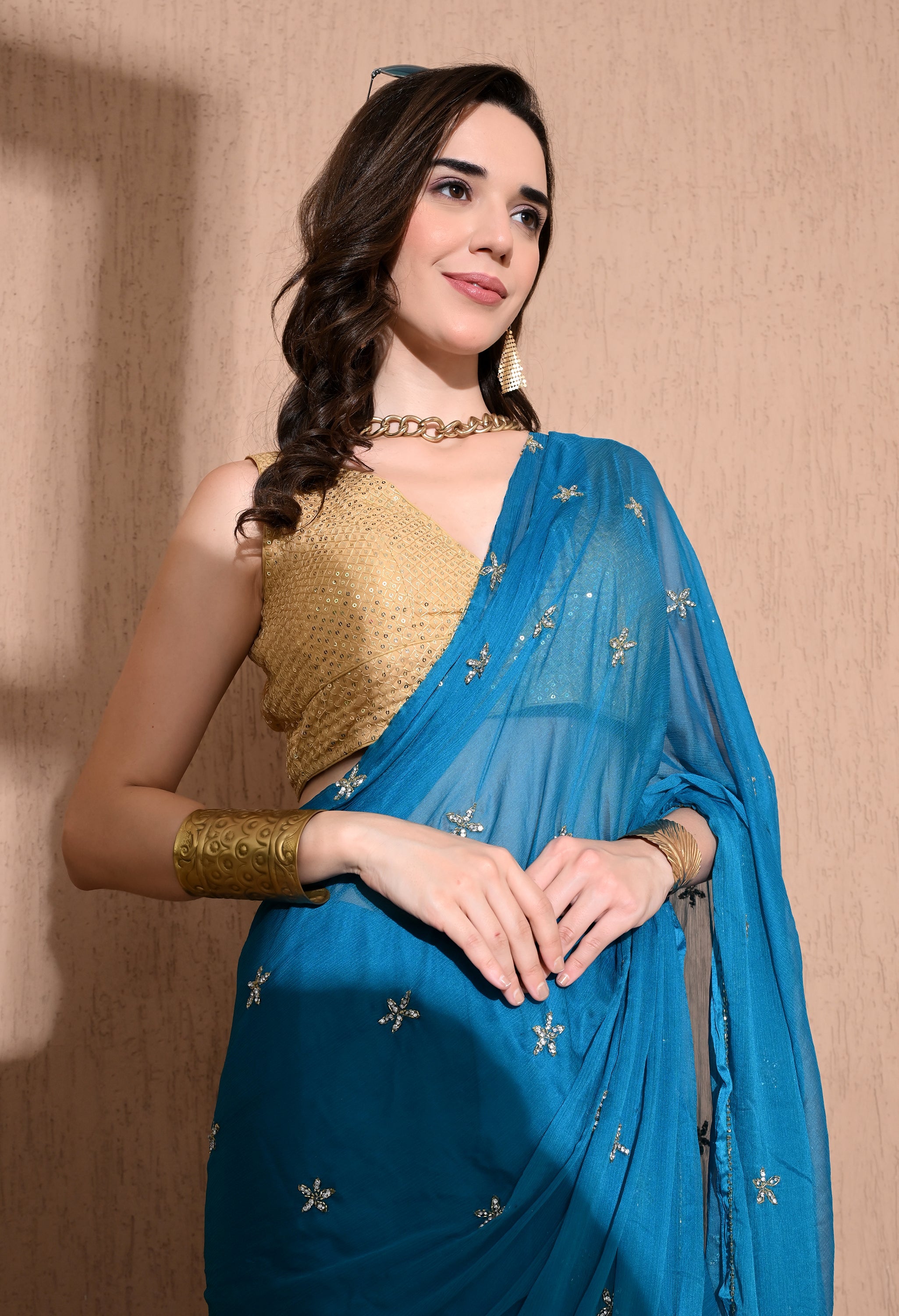 Sitara Teal Embellished Chiffon Saree