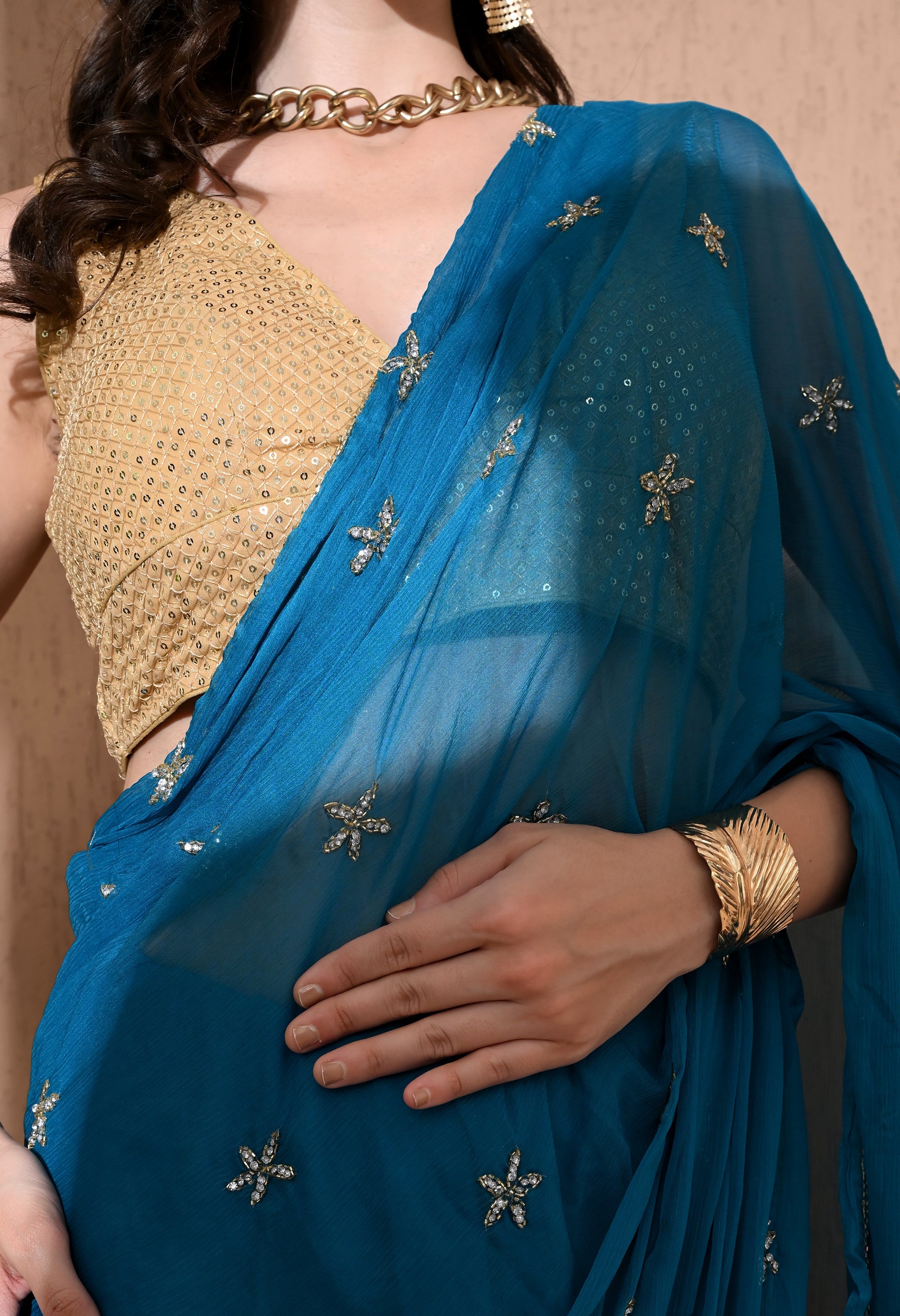 Sitara Teal Embellished Chiffon Saree