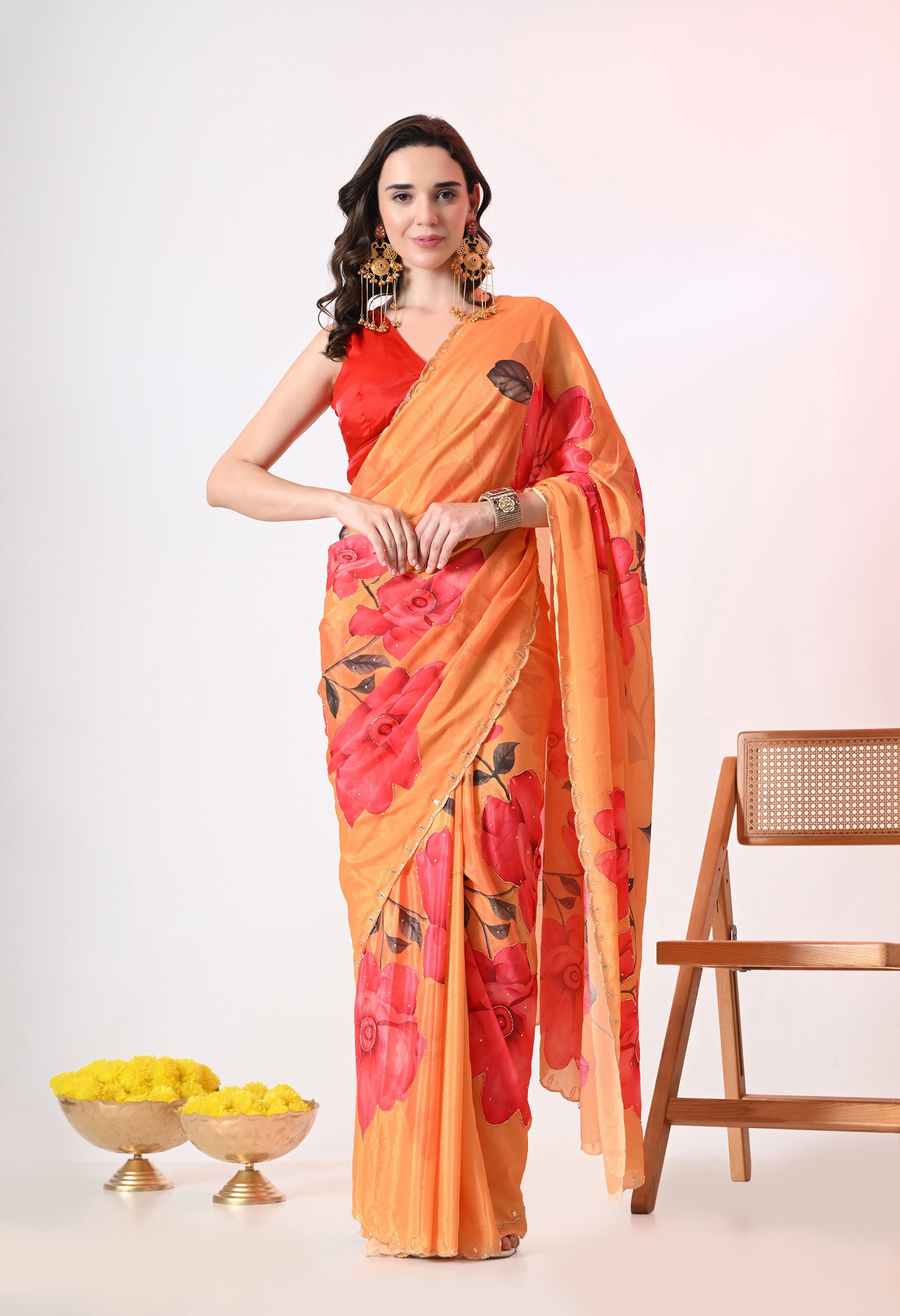 Digital Printed Yellow Georgette Saree