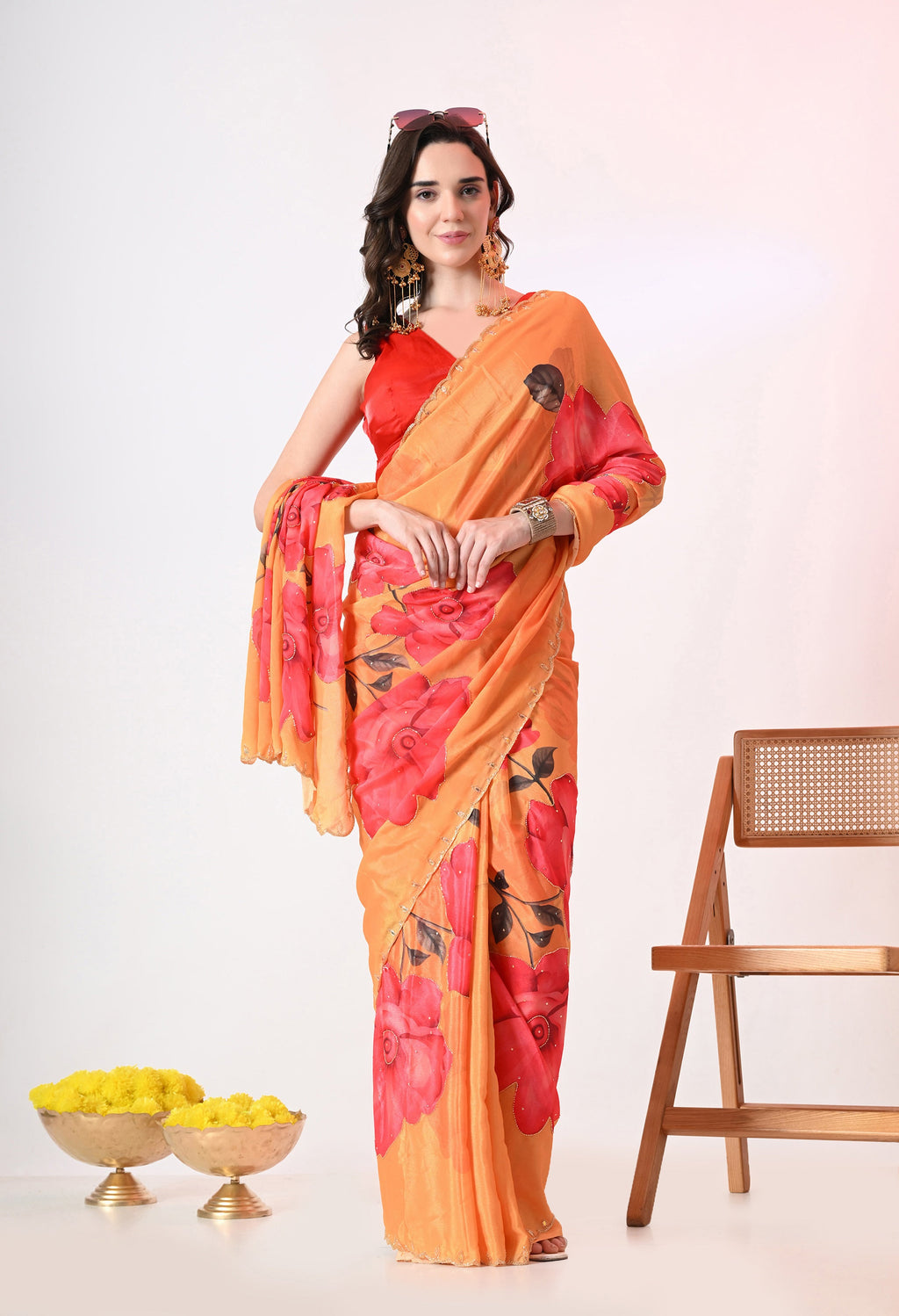 Digital Printed Yellow Georgette Saree