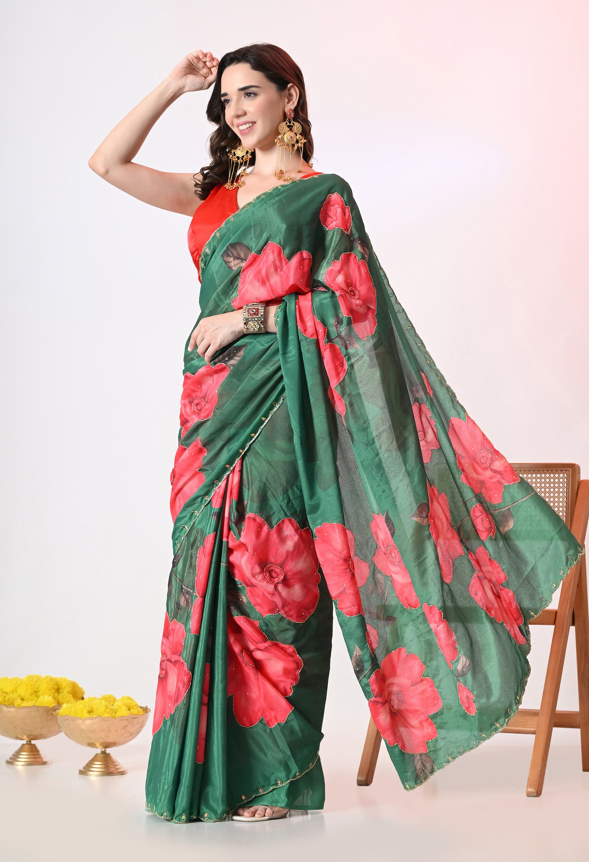 Digital Printed Green Georgette Saree