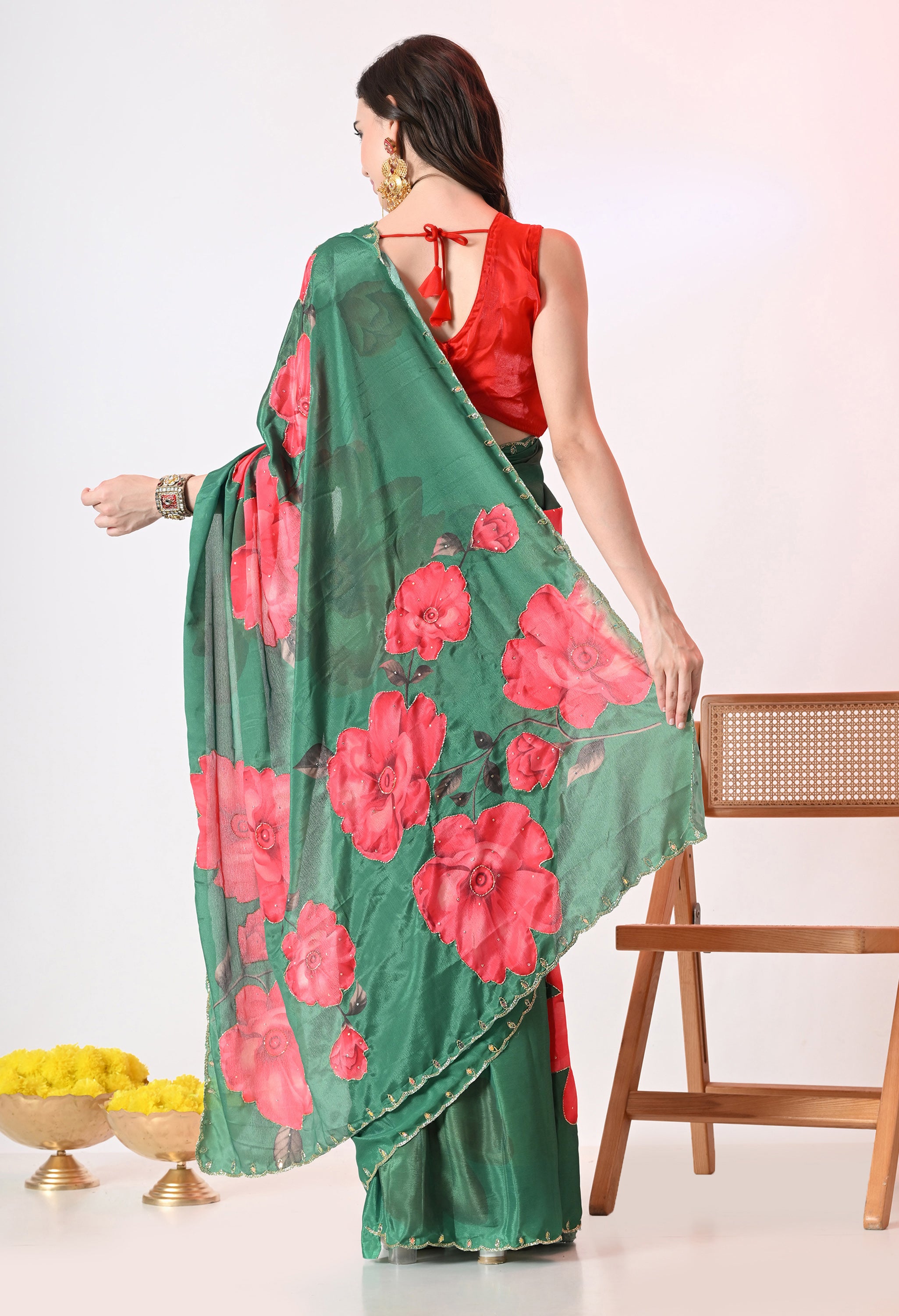 Digital Printed Green Georgette Saree