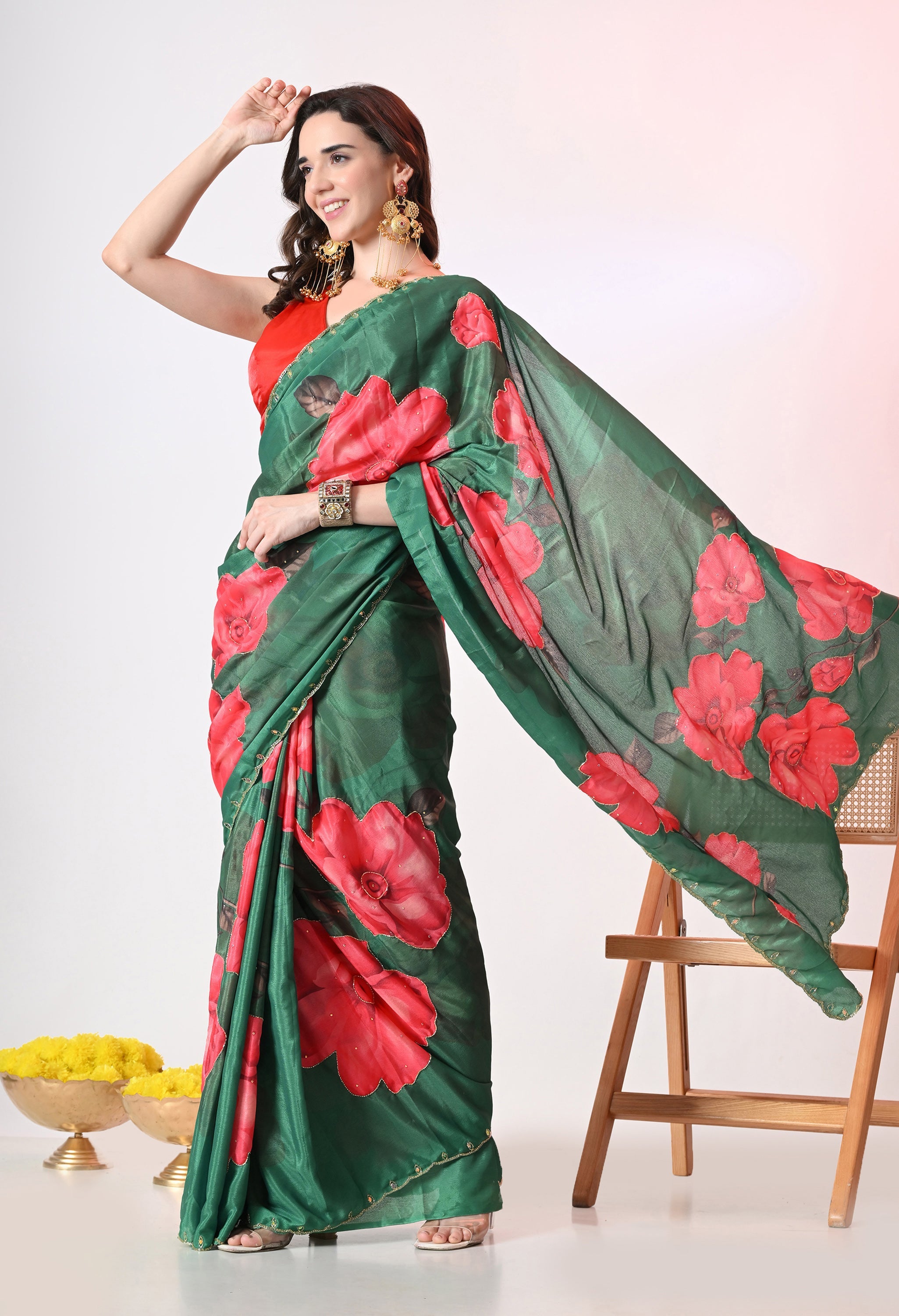 Digital Printed Green Georgette Saree