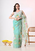Hand Printed Teal Organza Saree