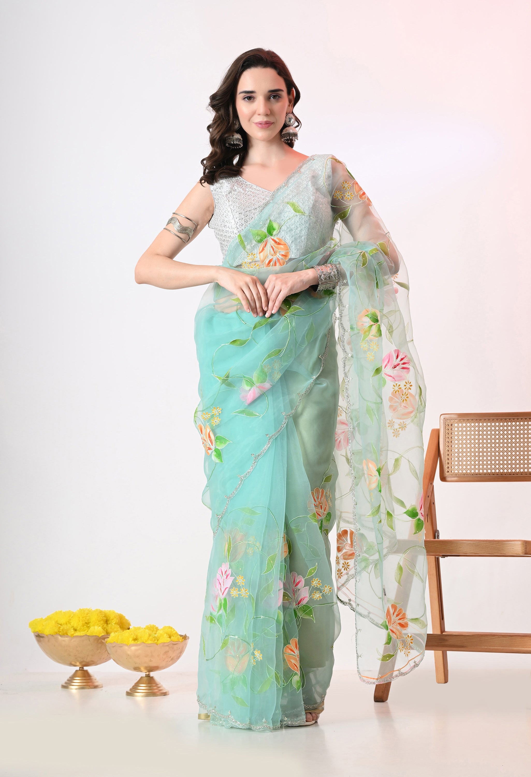 Hand Printed Teal Organza Saree