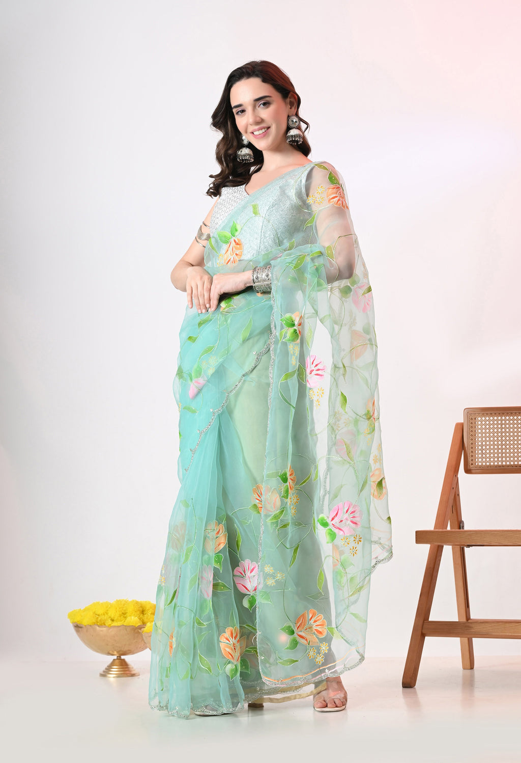 Hand Printed Teal Organza Saree