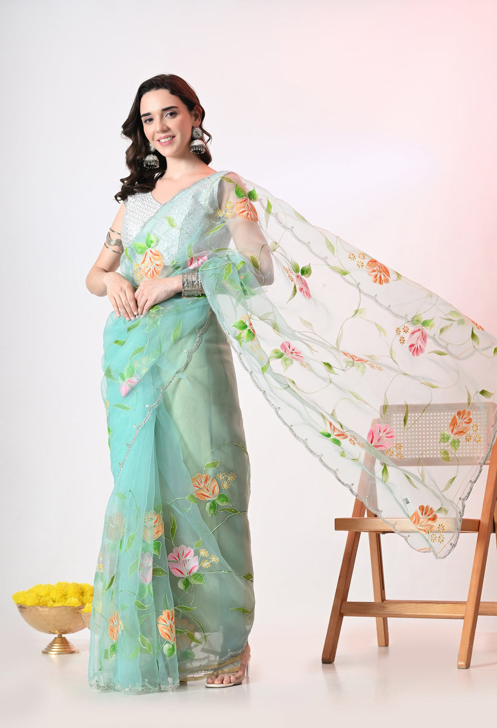 Hand Printed Teal Organza Saree