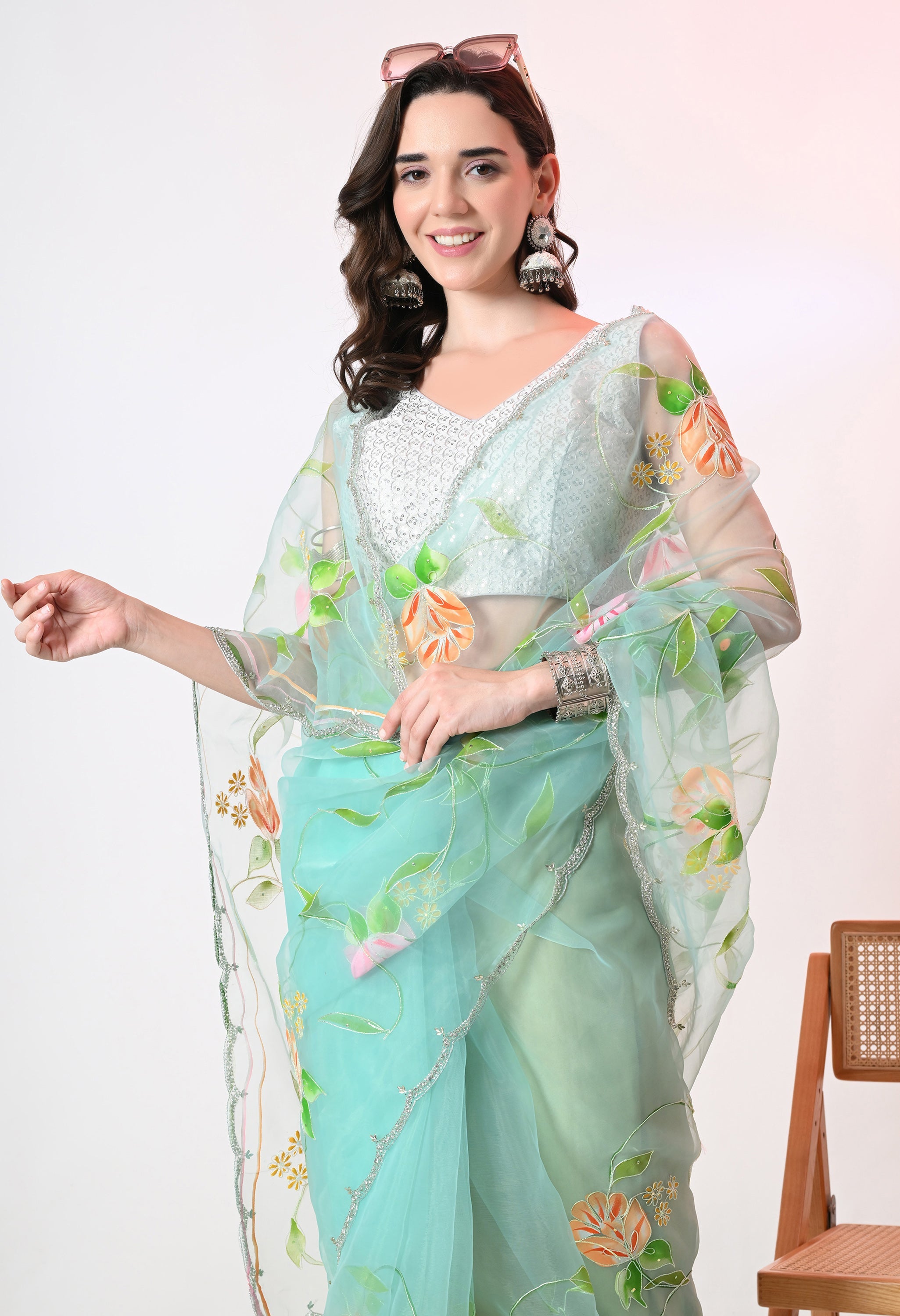 Hand Printed Teal Organza Saree