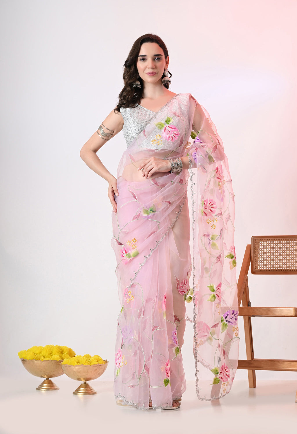 Hand Printed Baby Pink Organza Saree