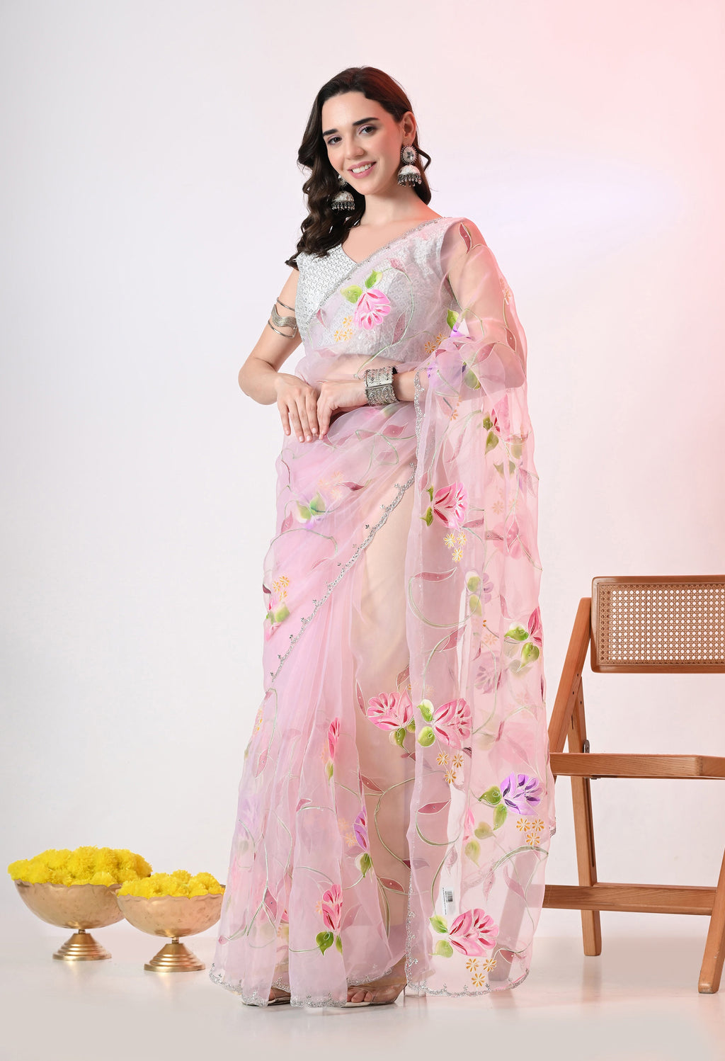 Hand Printed Baby Pink Organza Saree