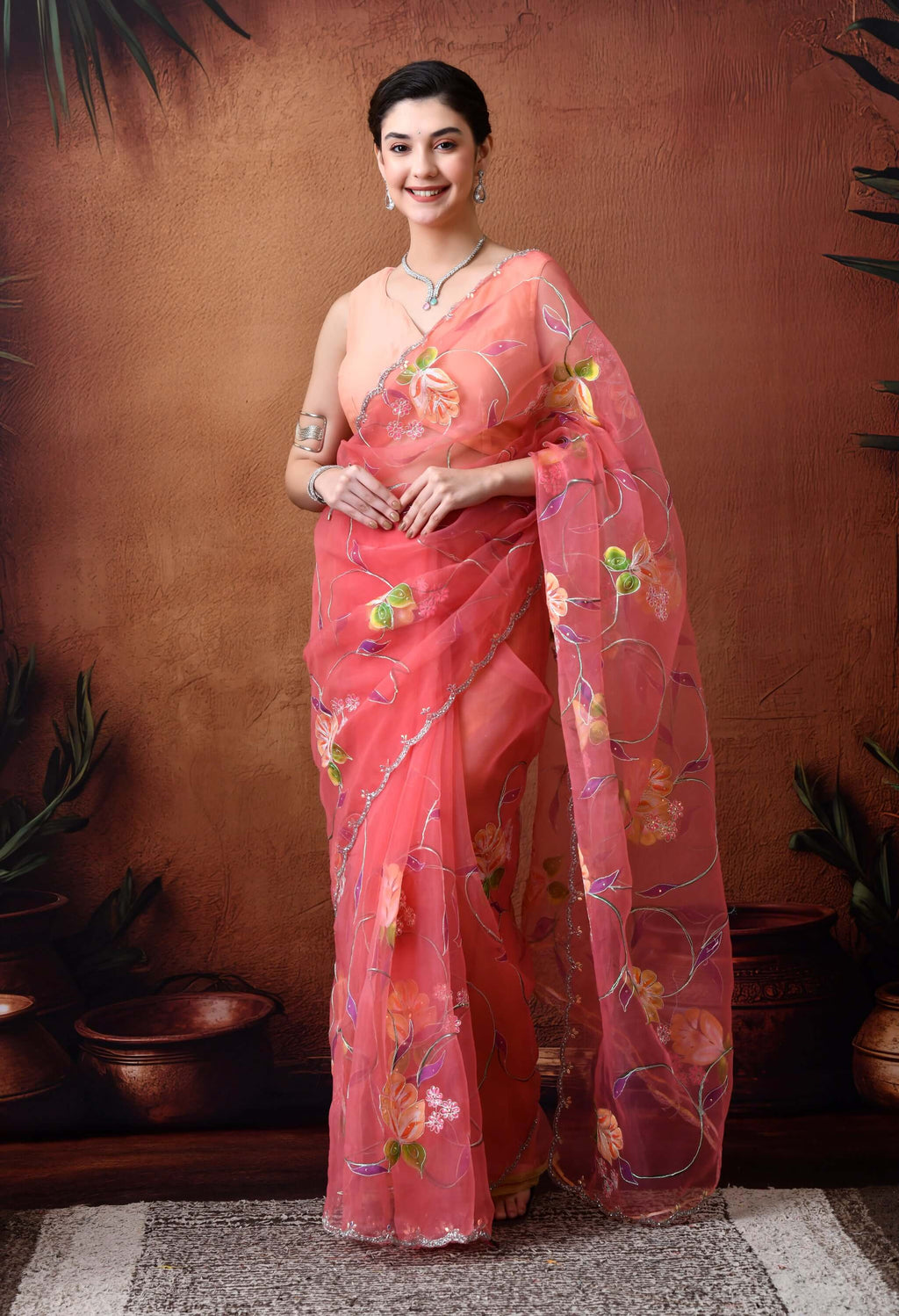 Hand Printed Peach Organza Saree