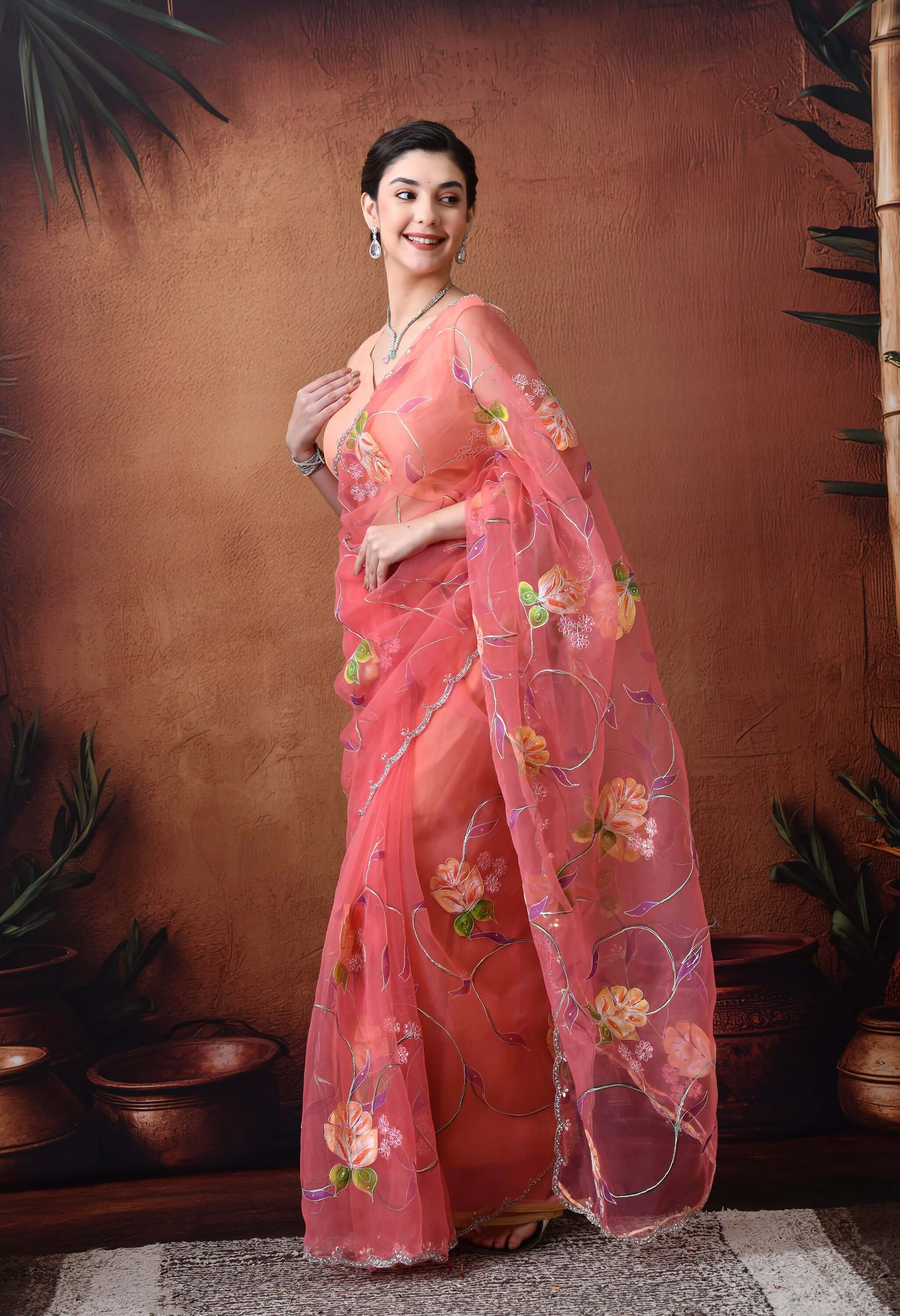 Hand Printed Peach Organza Saree