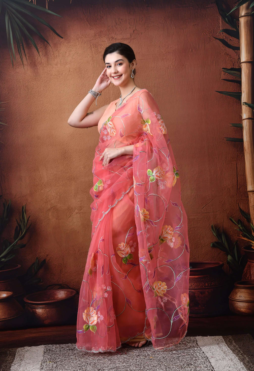 Hand Printed Peach Organza Saree