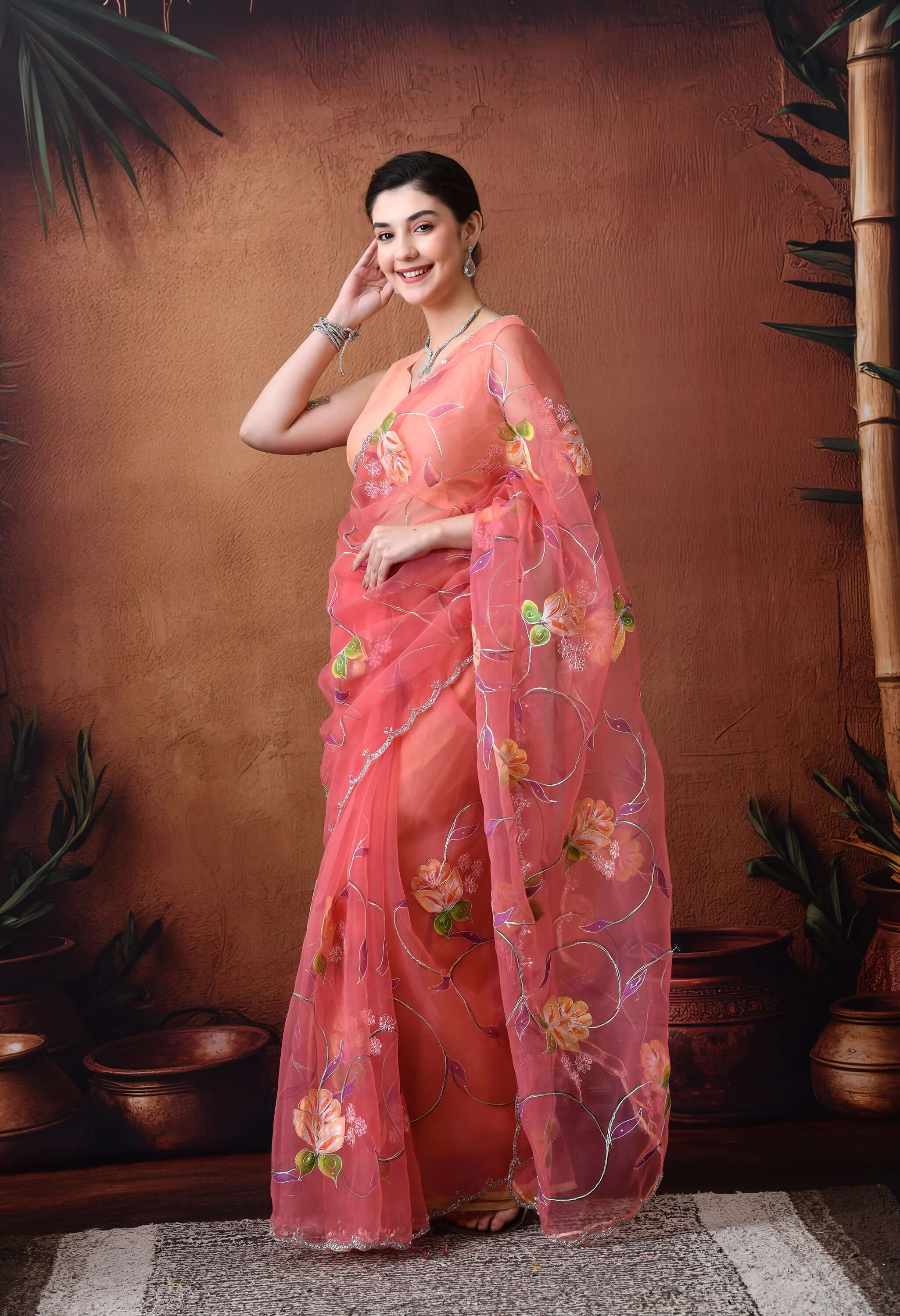 Hand Printed Peach Organza Saree