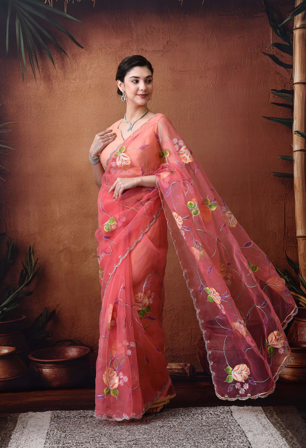 Hand Printed Peach Organza Saree