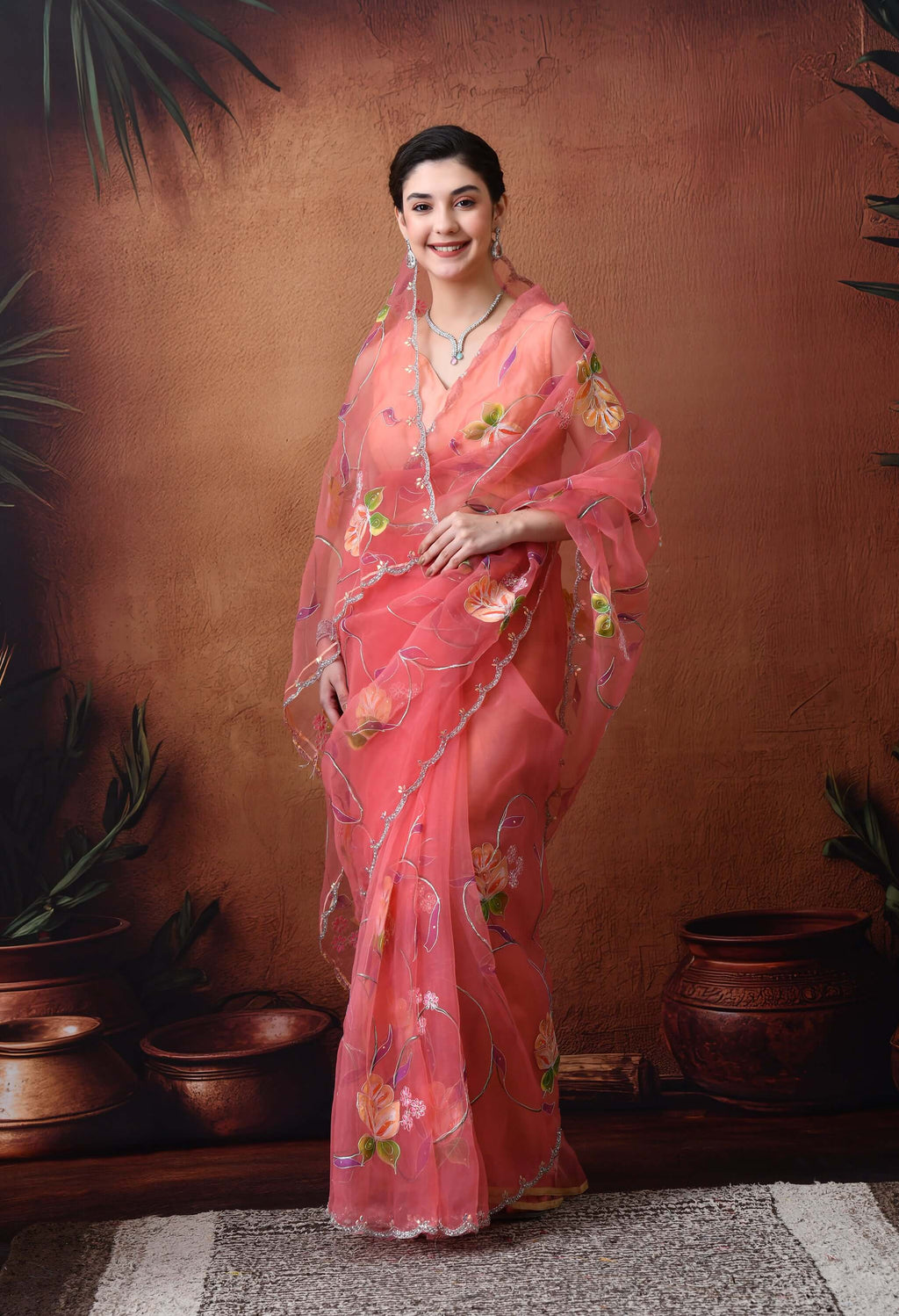 Hand Printed Peach Organza Saree