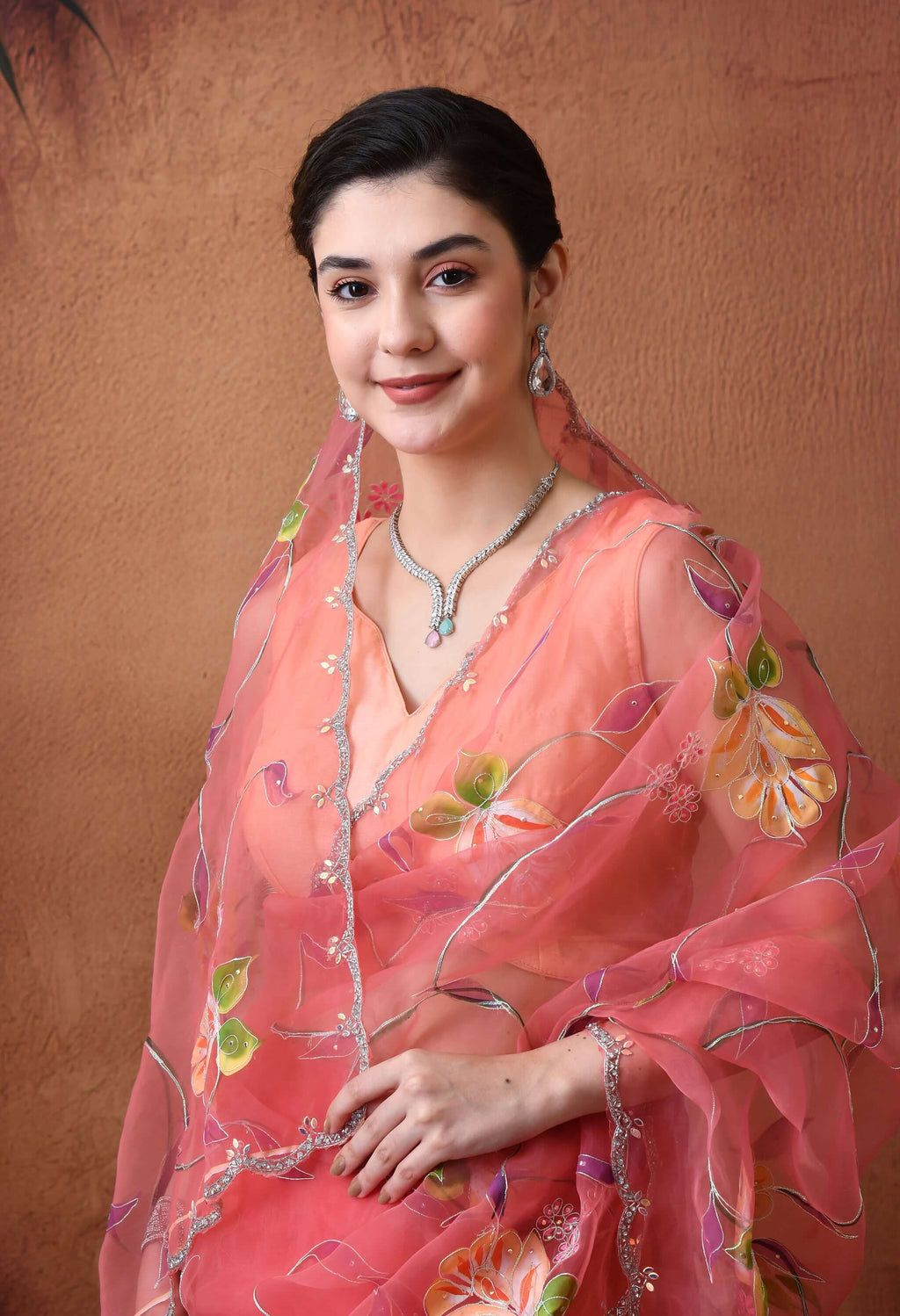 Hand Printed Peach Organza Saree