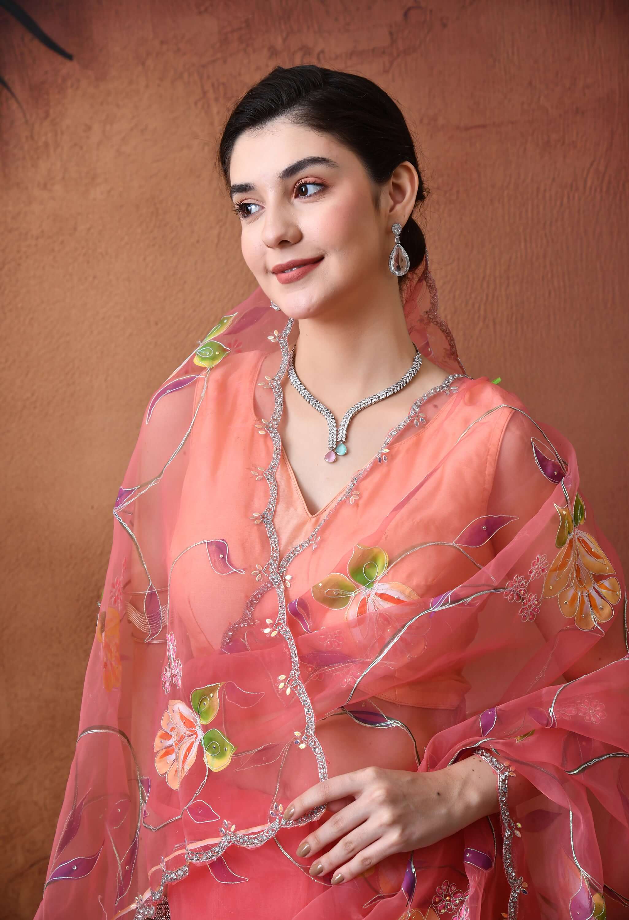 Hand Printed Peach Organza Saree