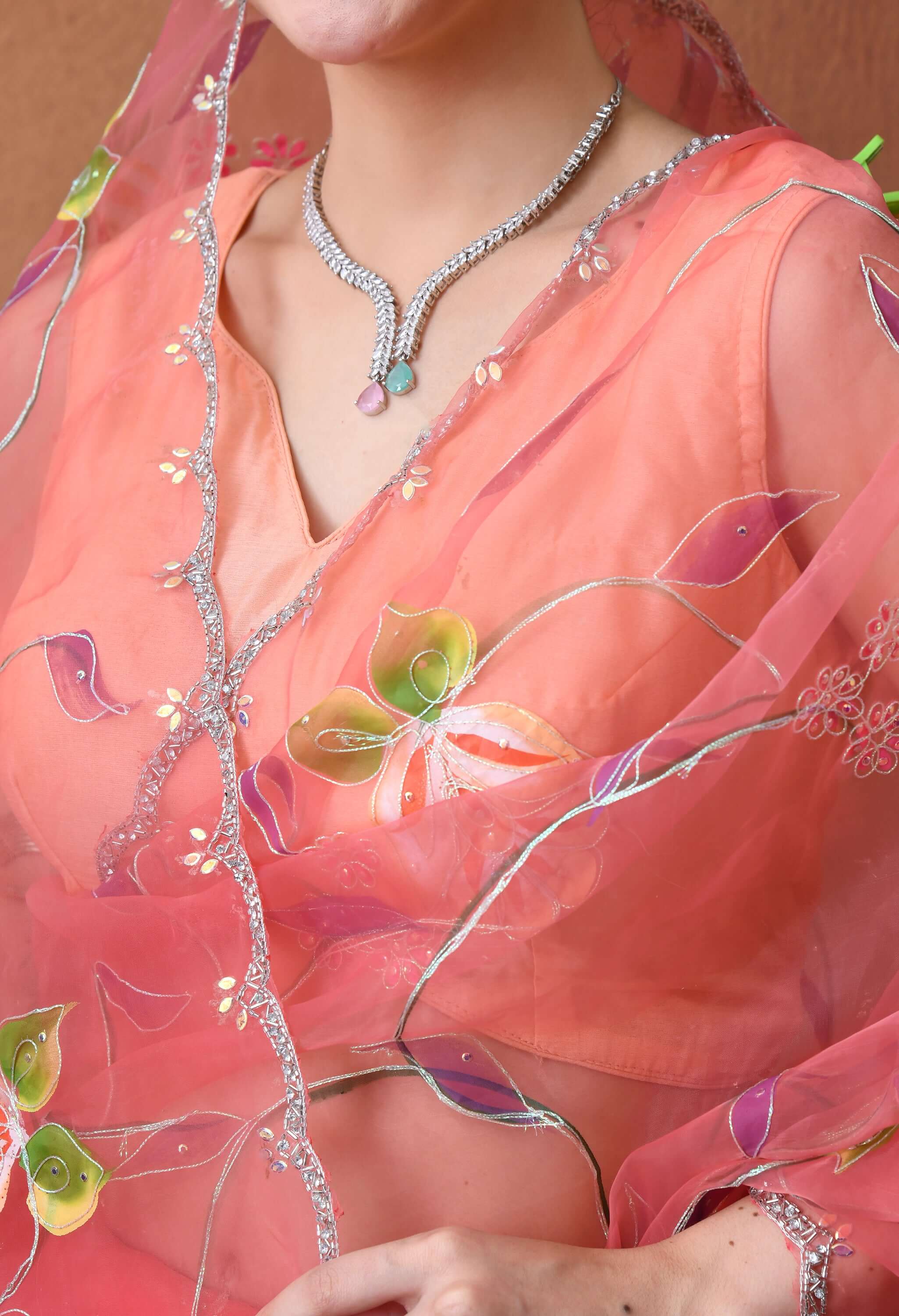 Hand Printed Peach Organza Saree