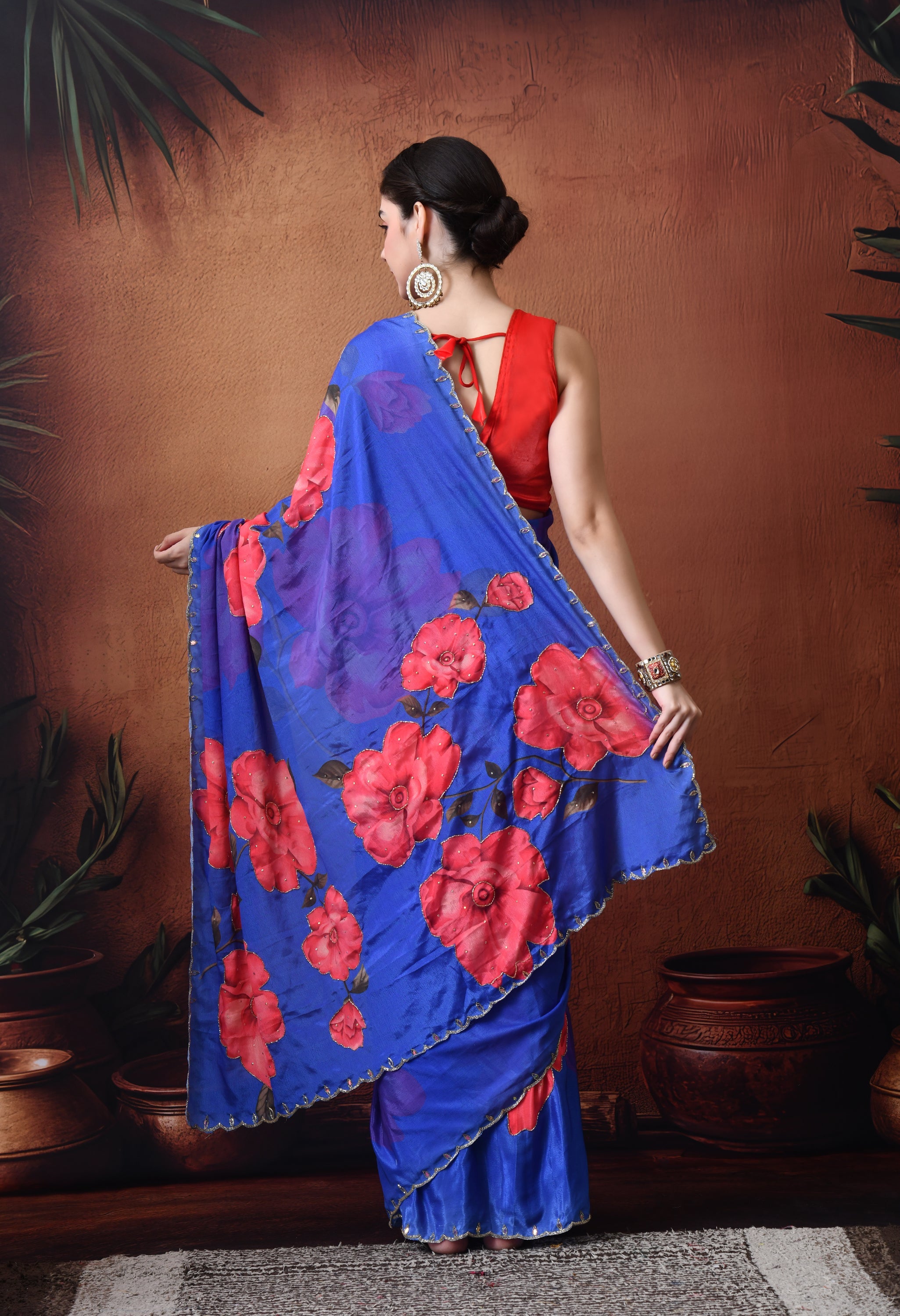 Digital Printed Royal Blue Georgette Saree