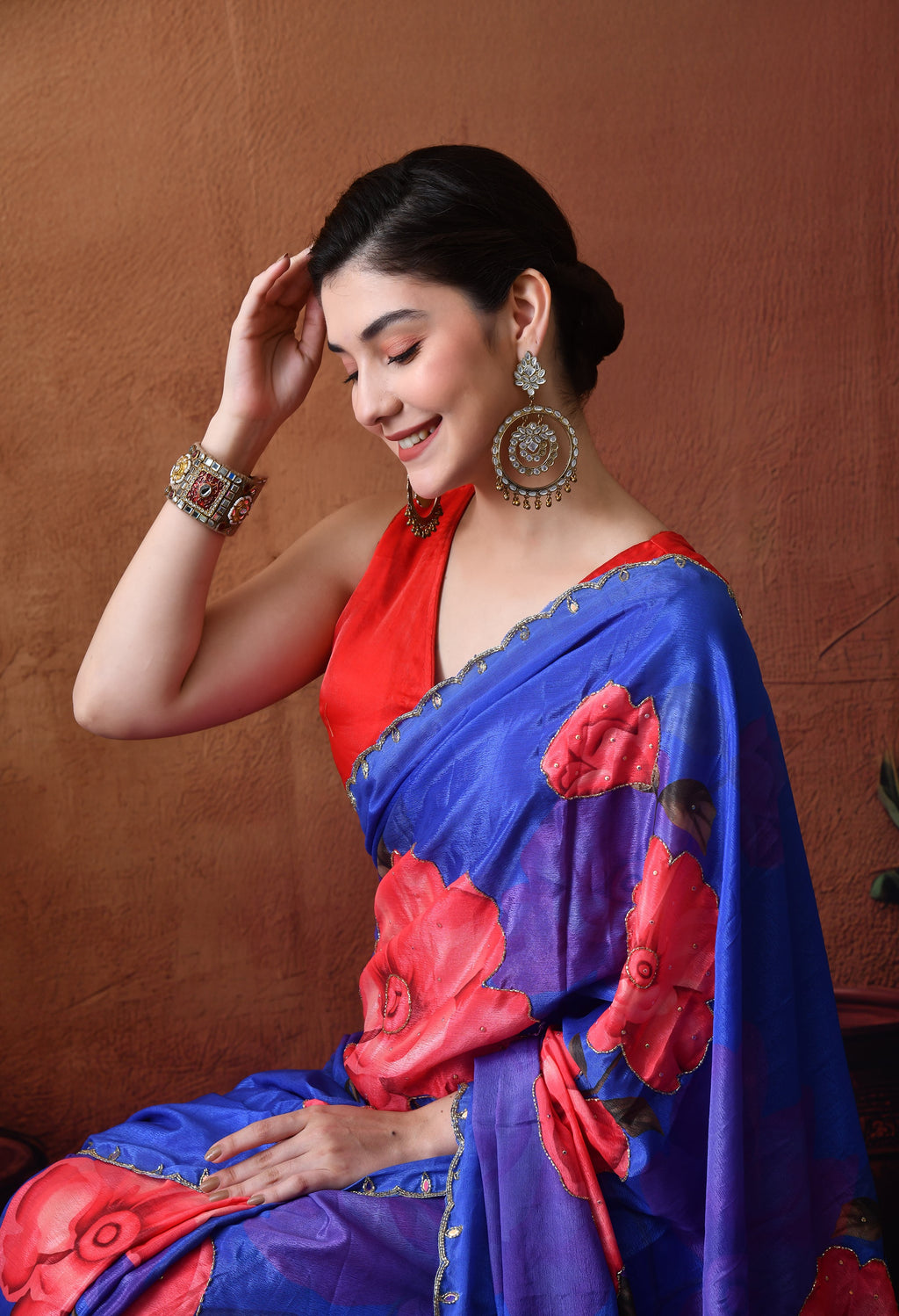 Digital Printed Royal Blue Georgette Saree