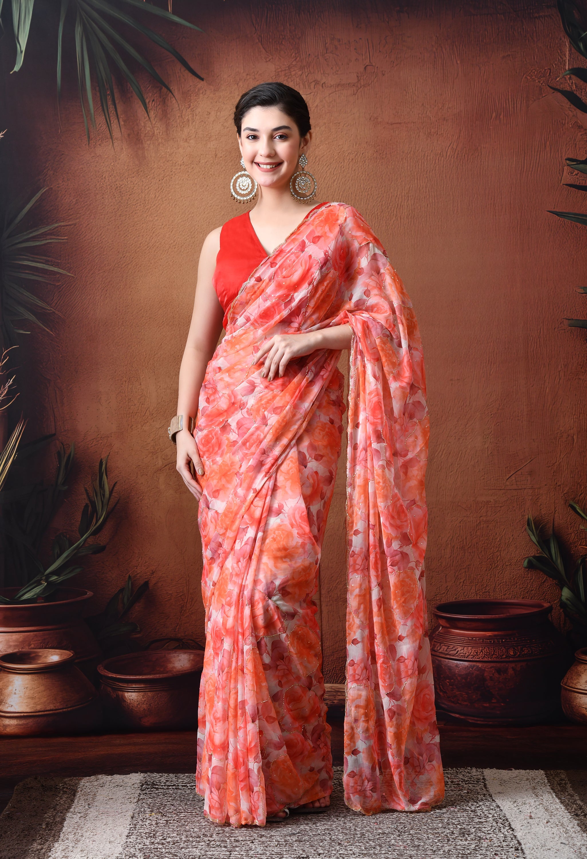 Digital Printed white Chiffon Saree