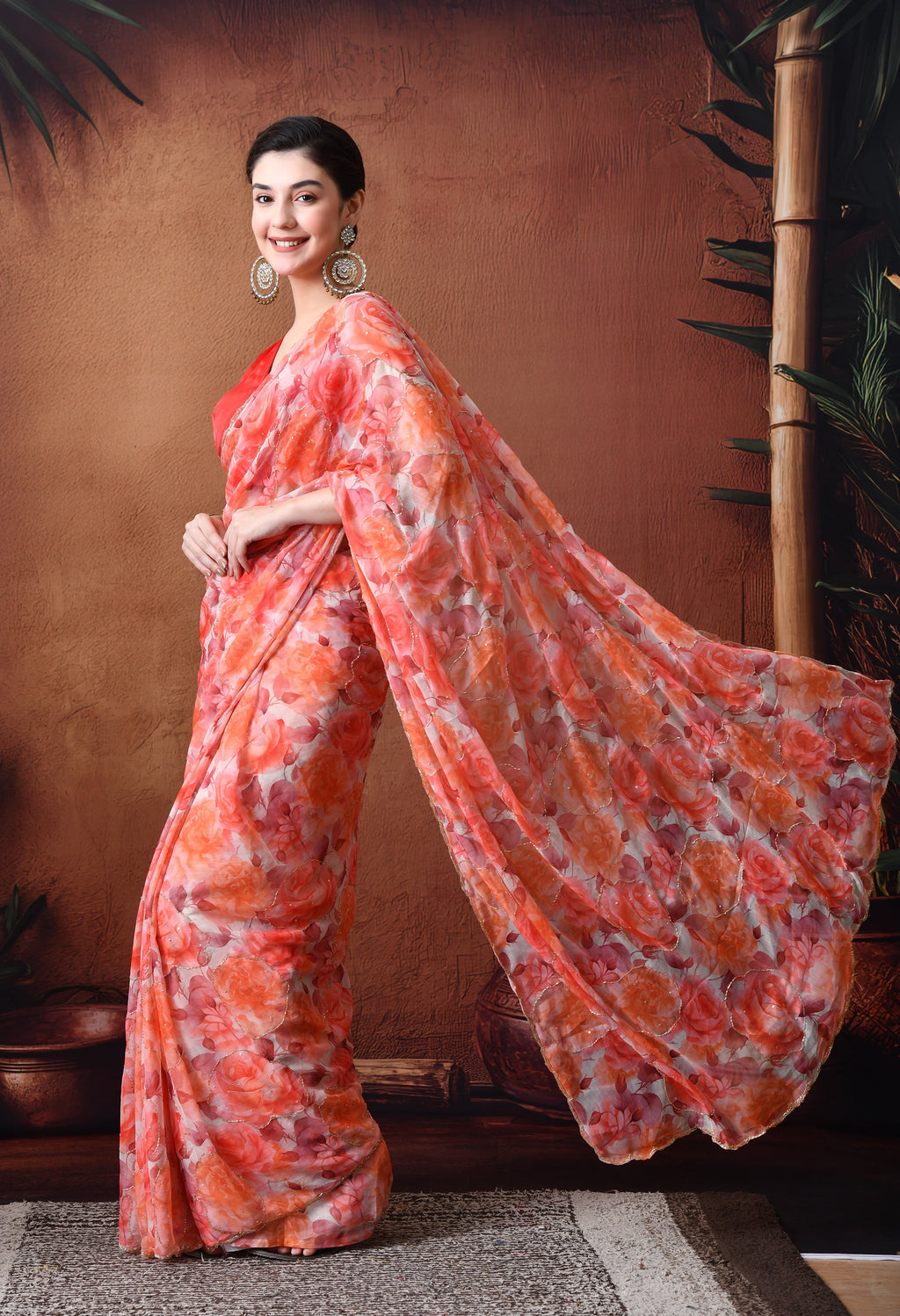 Digital Printed white Chiffon Saree