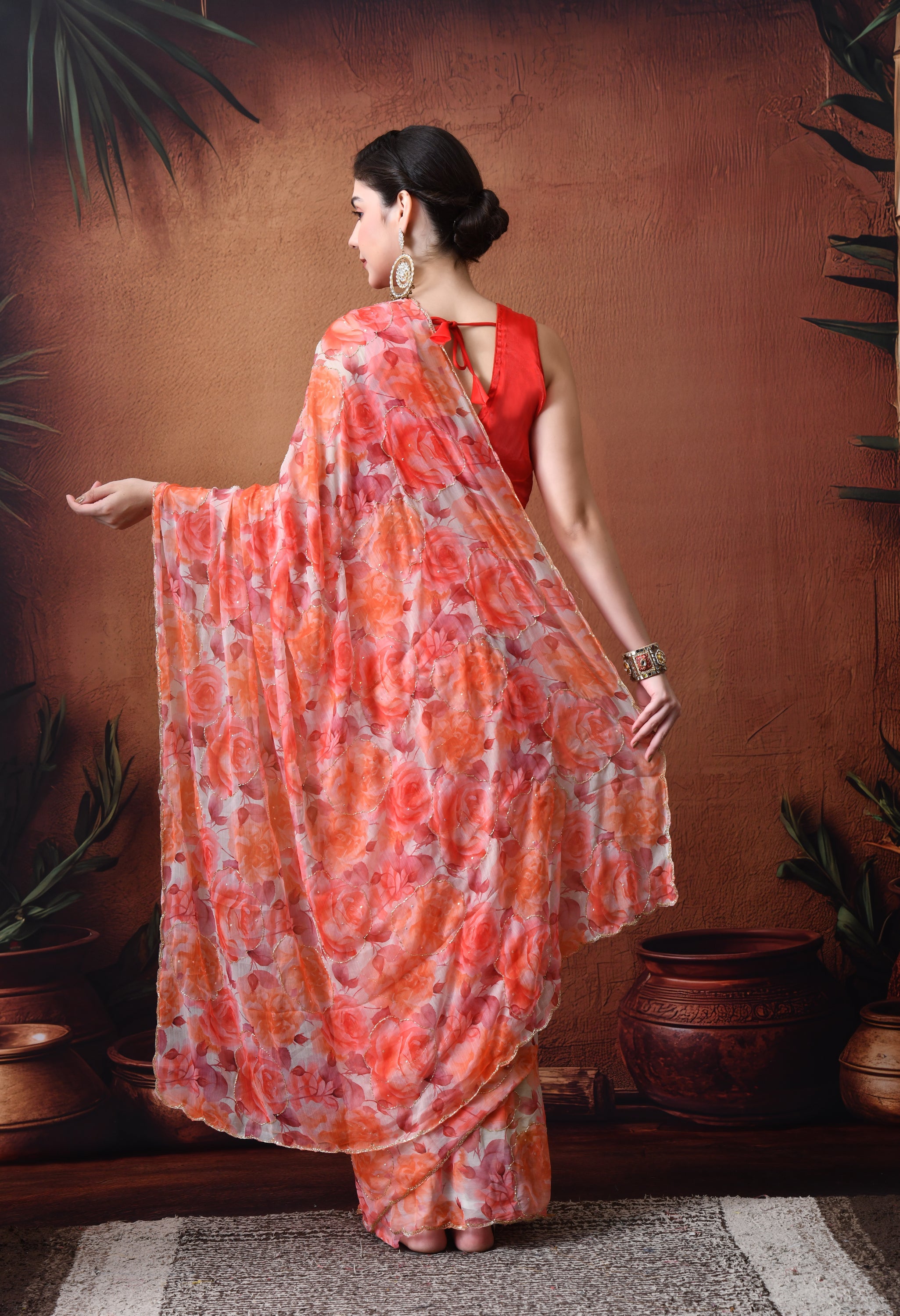 Digital Printed white Chiffon Saree