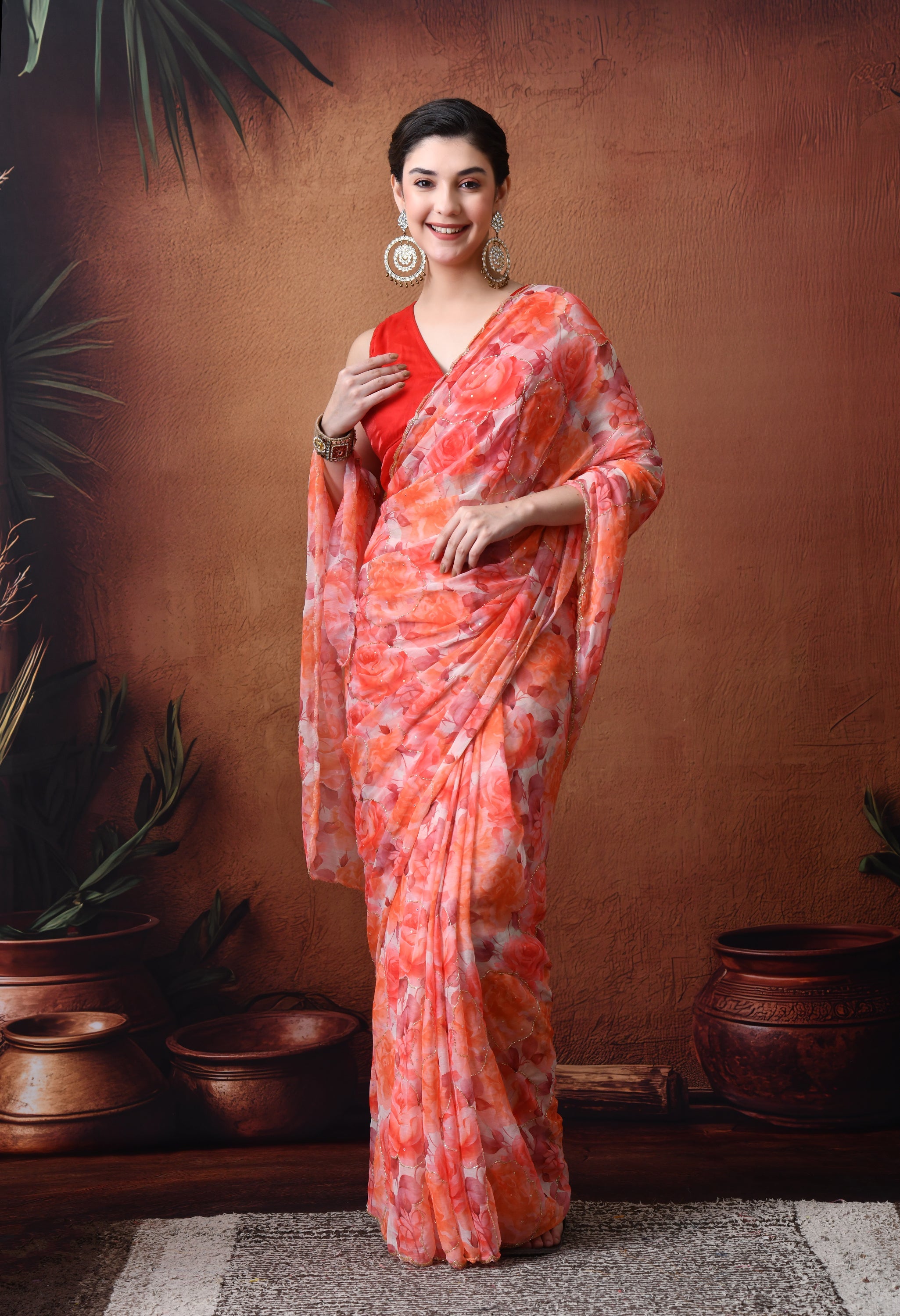 Digital Printed white Chiffon Saree