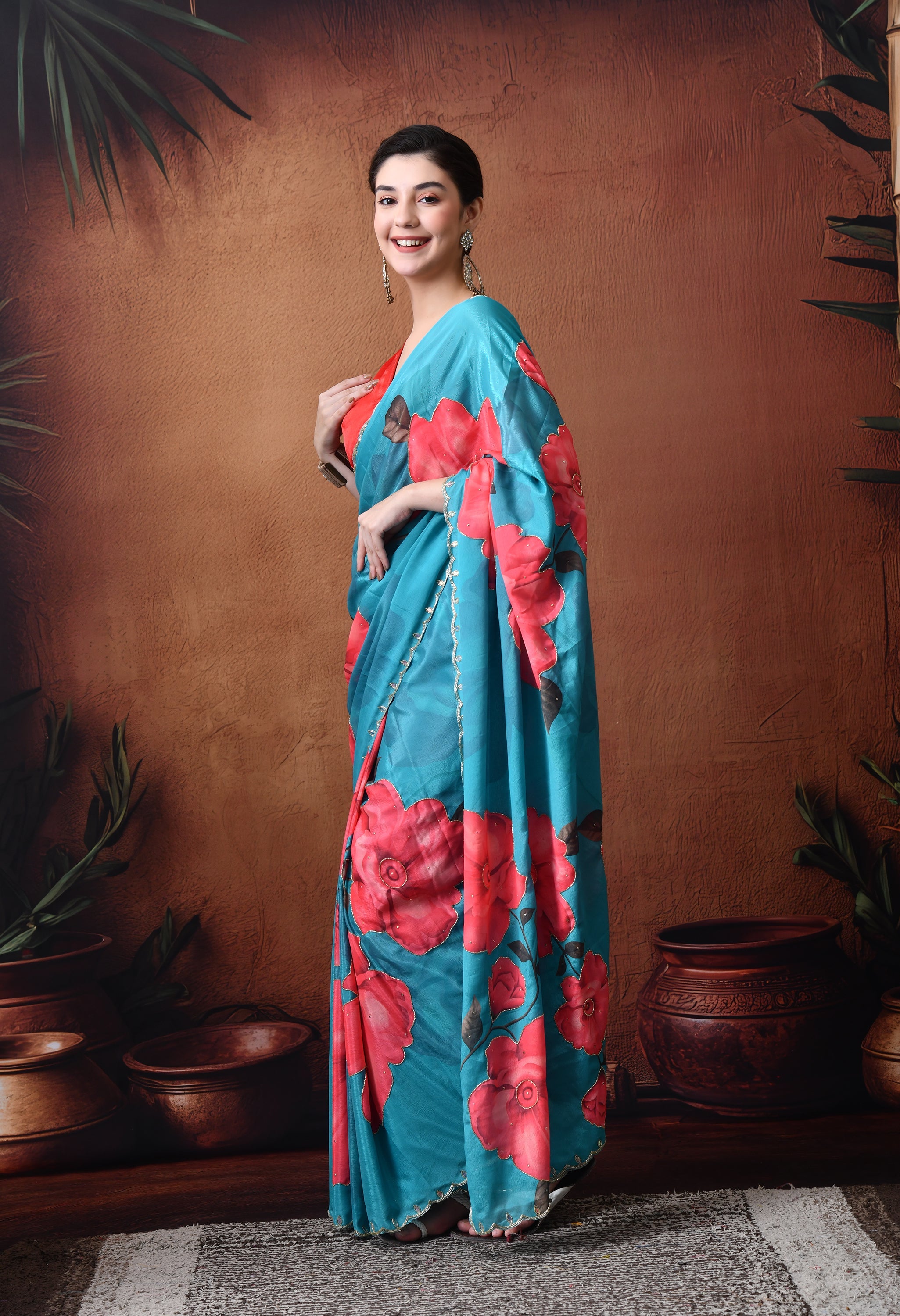 Digital Printed Rama Georgette Saree