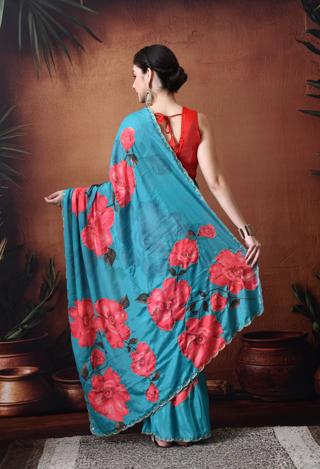 Digital Printed Rama Georgette Saree