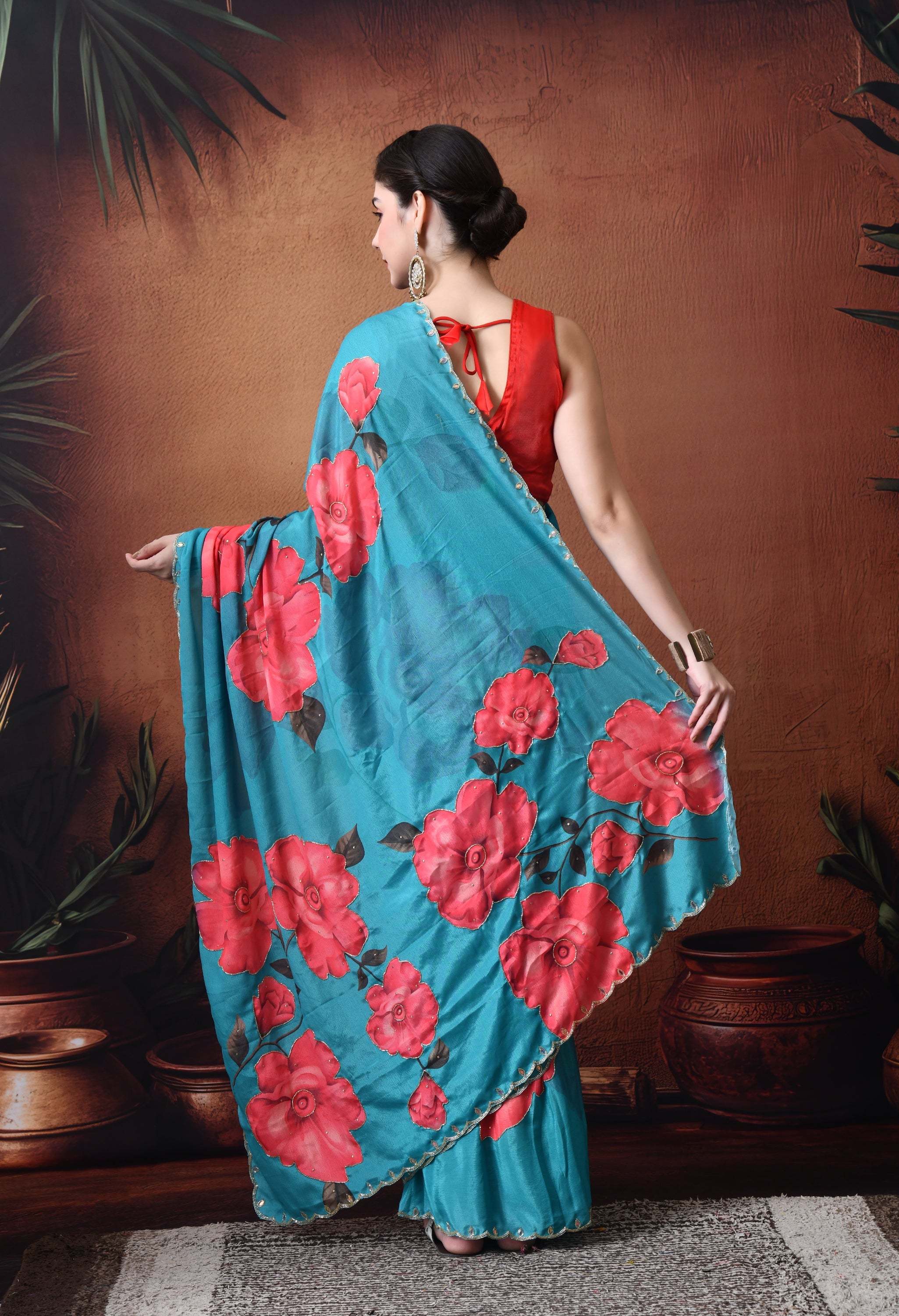 Digital Printed Rama Georgette Saree