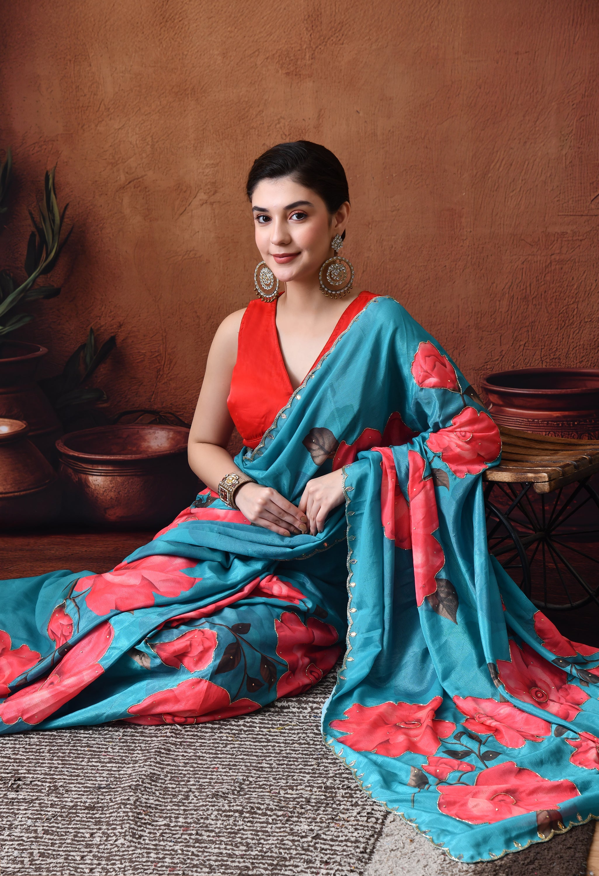 Digital Printed Rama Georgette Saree