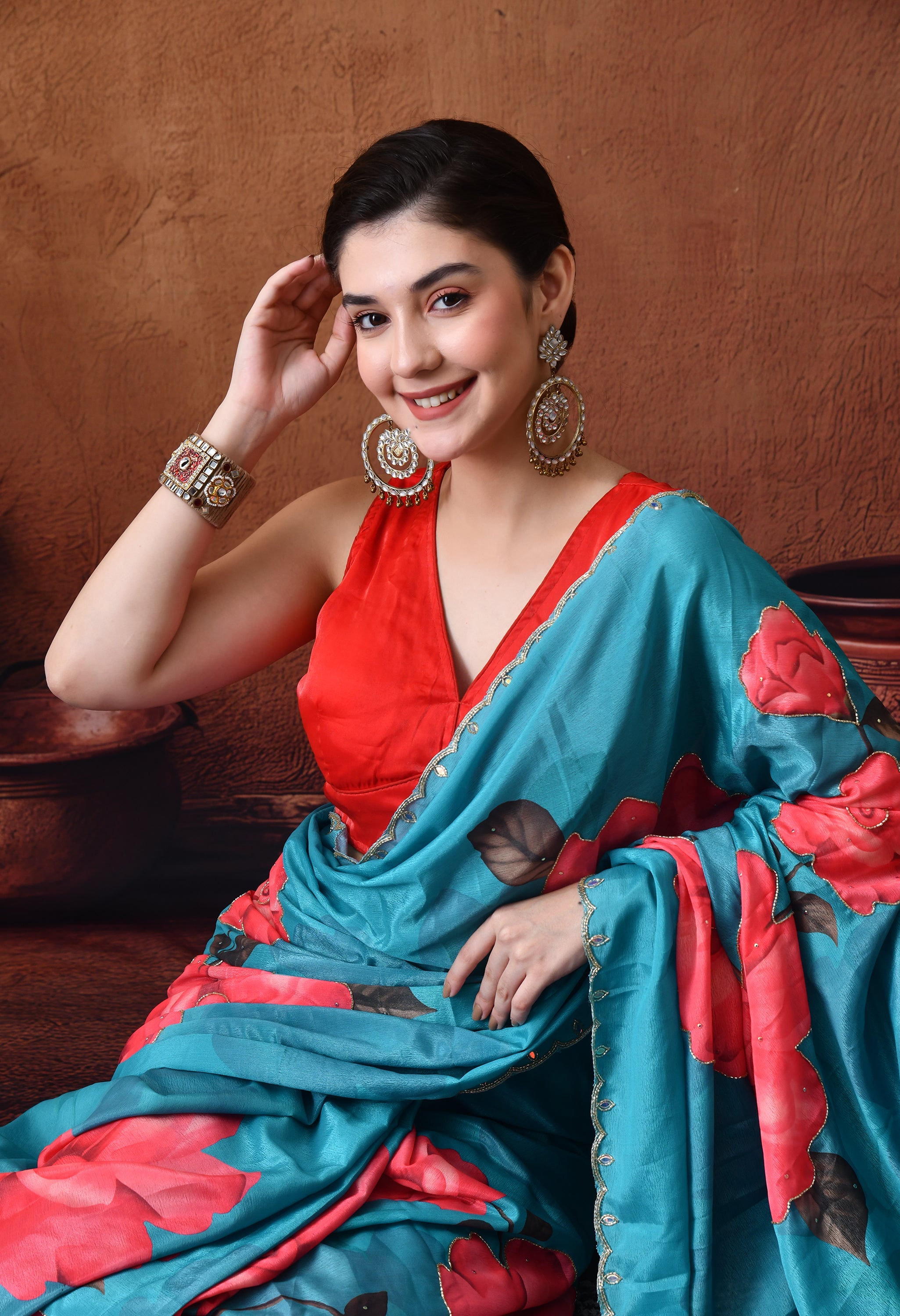 Digital Printed Rama Georgette Saree