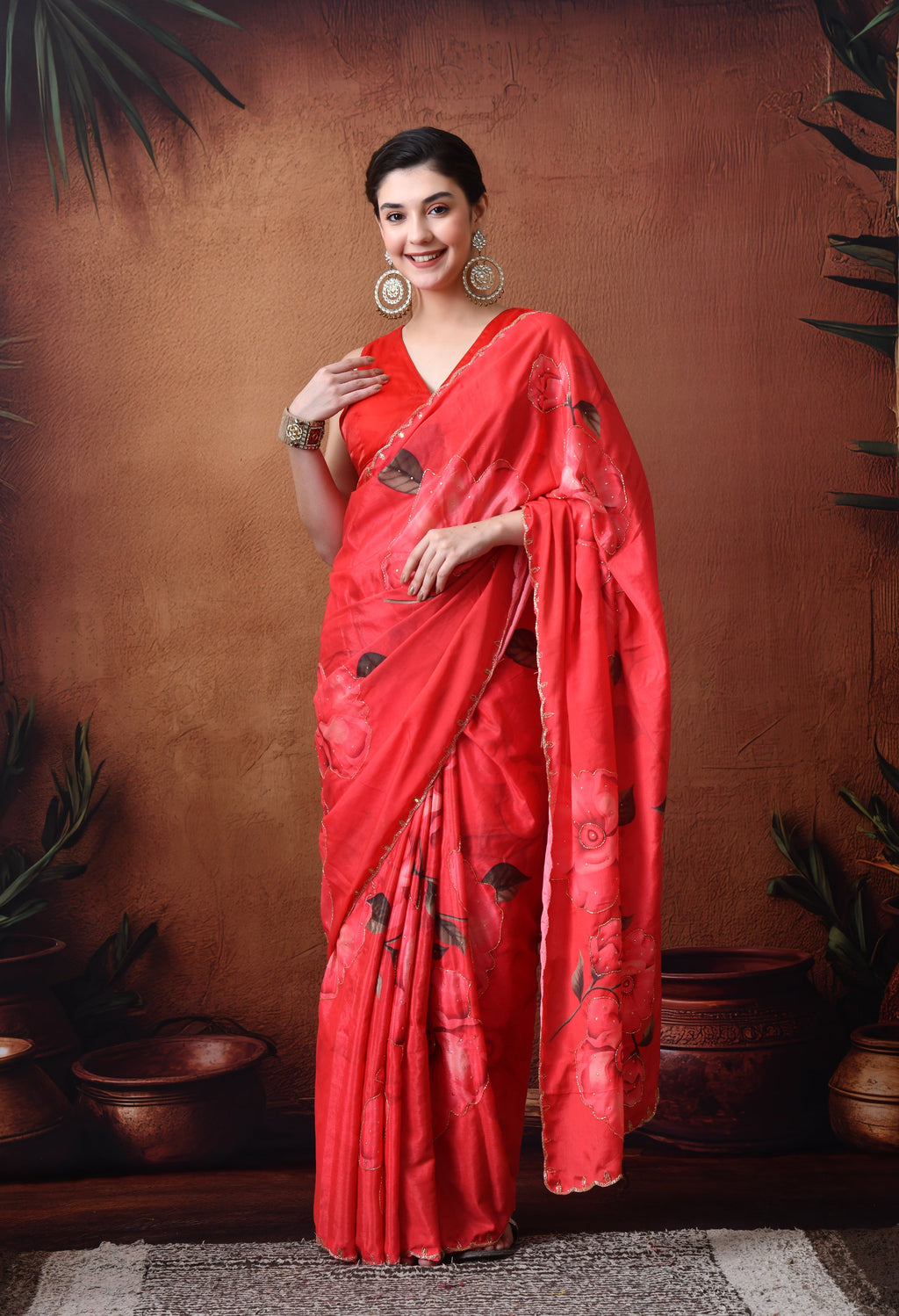Digital Printed Red Georgette Saree